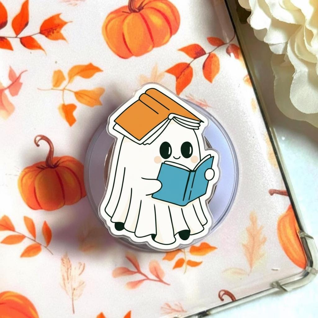 Ghost Reader MagSafe Phone Grip, Kawaii Book Loving Spirit Magnetic Phone Holder, Cute Holiday Popgrip for Phones or E-readers, Ideal Gifts