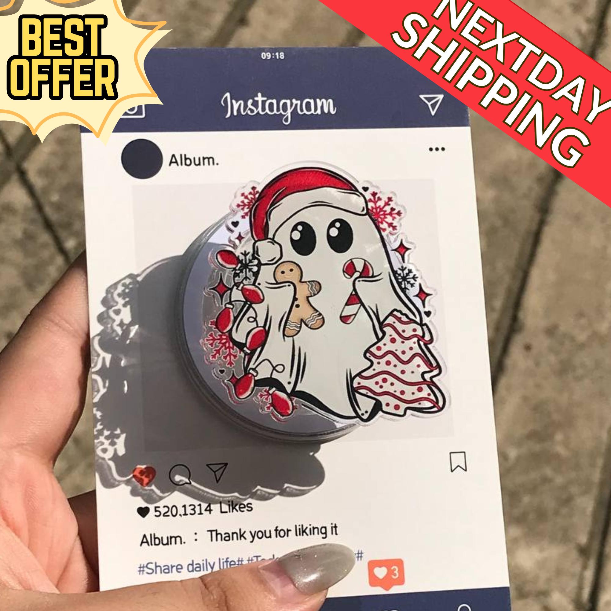 Ghost with Candy Cane Magnetic Phone Grip: Cute Christmas Popgrip with Gingerbread & Holiday Vibe, Festive Phone Holder, Perfect Xmas Gift