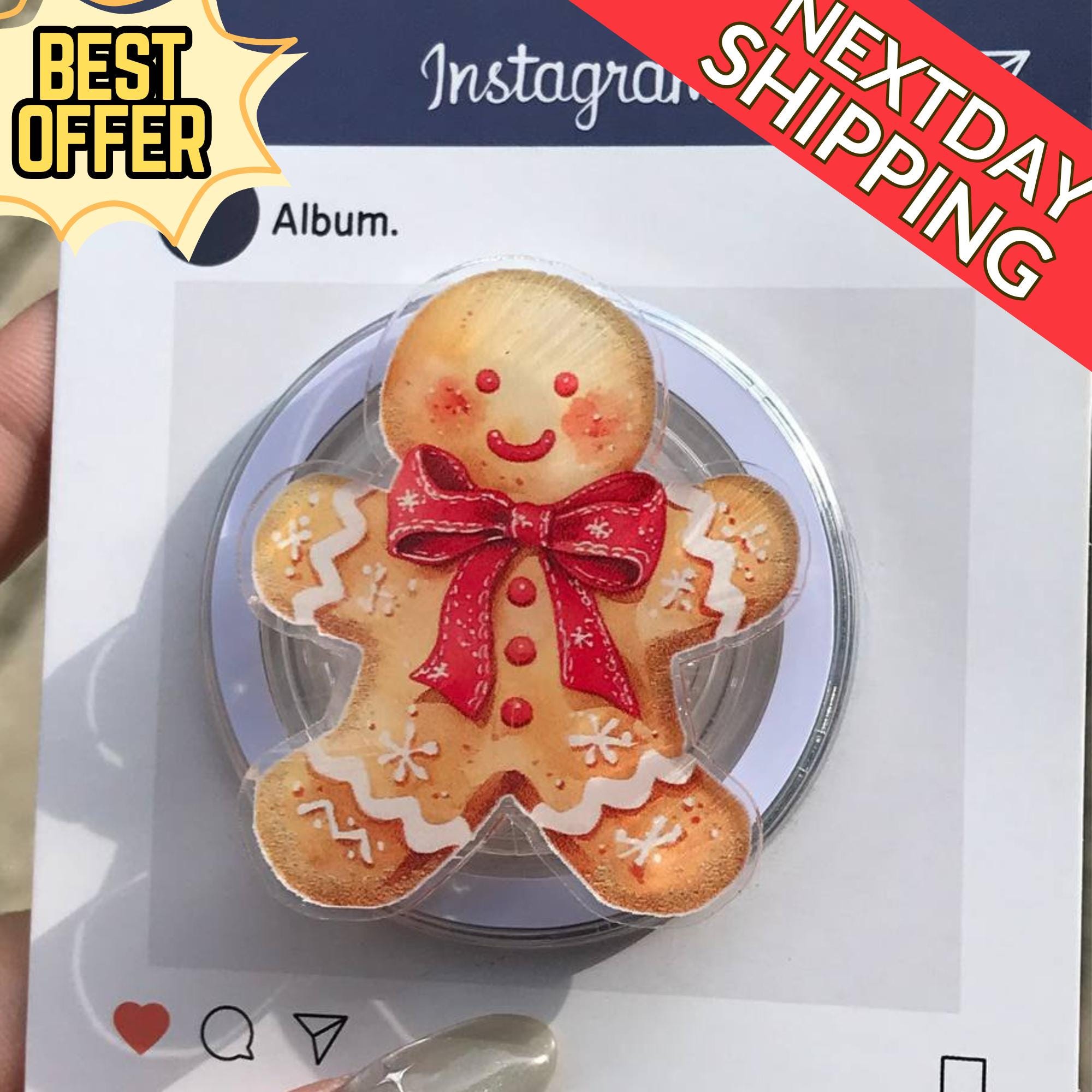 Gingerbread Man Magnetic Phone Grip: Festive Holiday Kindle Stand with Red Bow, Cute Christmas Phone Holder, Perfect Xmas Gift for Friends