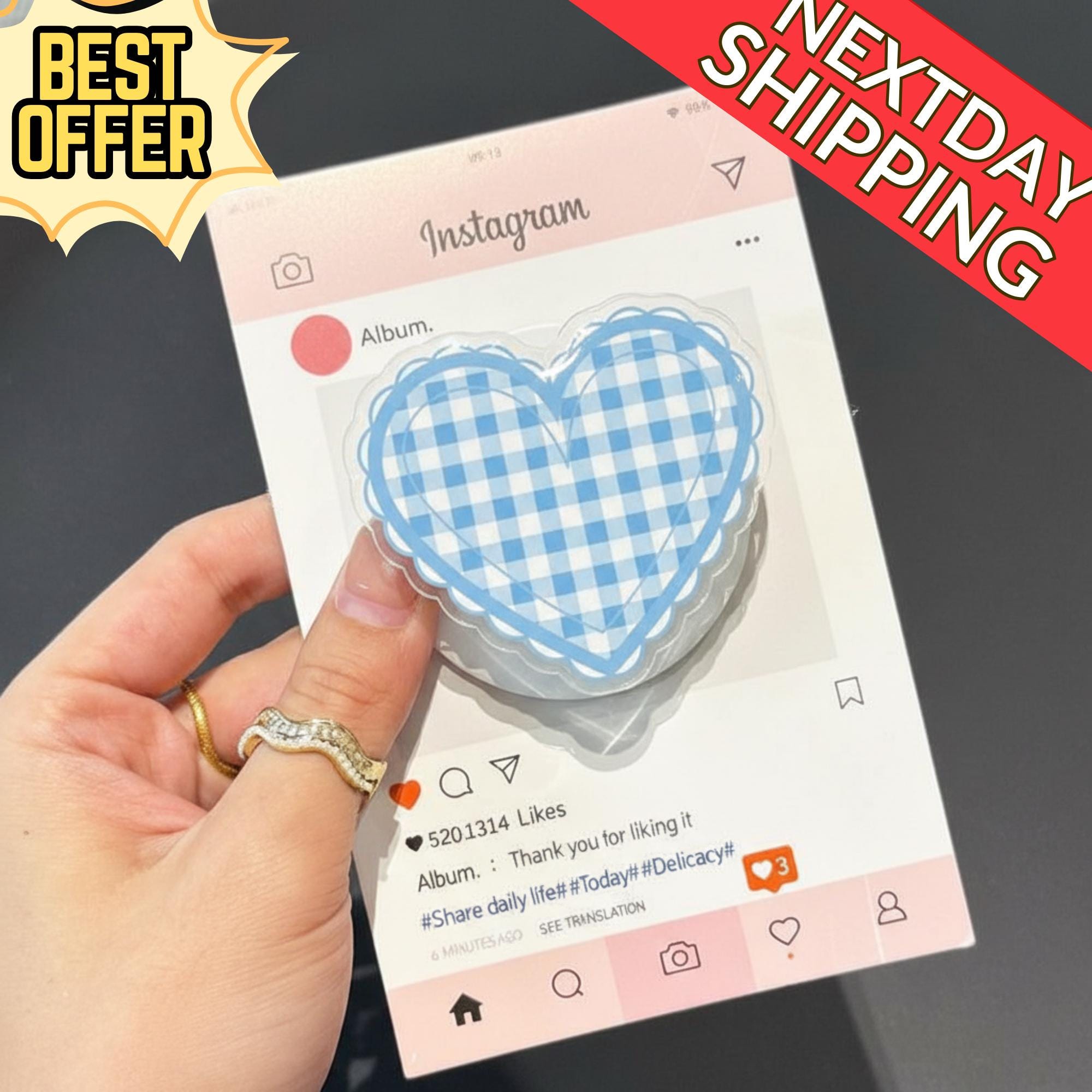Gingham Heart Magnetic Phone Grip – Cute Blue Heart Magsafe Phone Stand, Kawaii Checkered Phone Holder, Adorable Gift for Friends