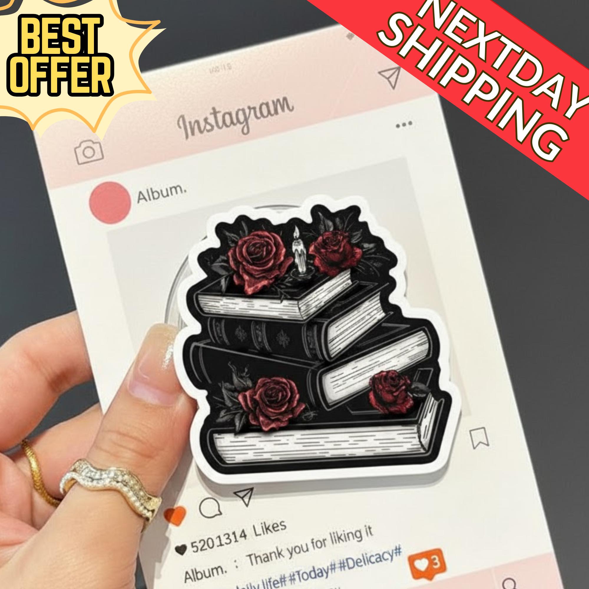 Gothic Book Stack Magnetic Phone Grip, Book Lover Grip, Vintage Rose Design, Literary Phone Grip, Gothic Aesthetic Accessory, Bookish Gift