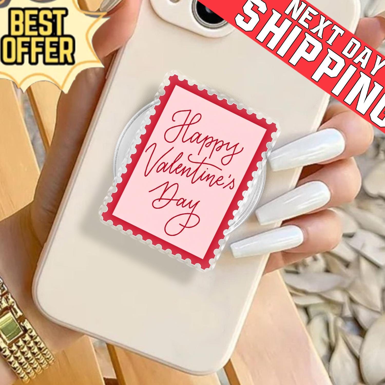 Happy Valentine's Day Stamp Phone Grip, Aesthetic Pink Coquette Pop Socket, Romantic Postage Stamp Gift, Festive Love Letter Mobile Stand