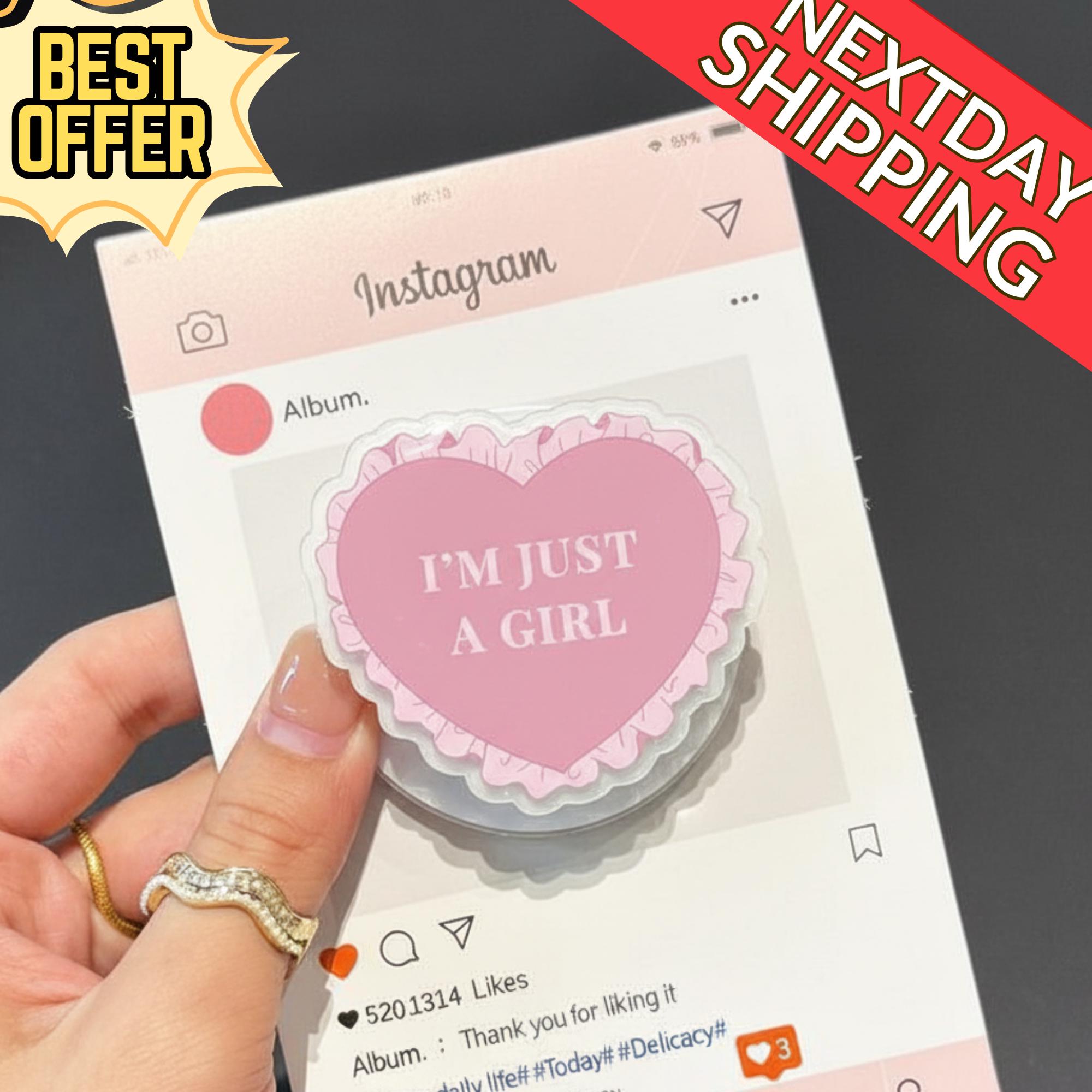 Heart Shaped “I’m Just A Girl” Magnetic Phone Grip – Cute Pink Heart Design Phone Stand, Kawaii Pop Grip for Phones, Aesthetic Gift for Her