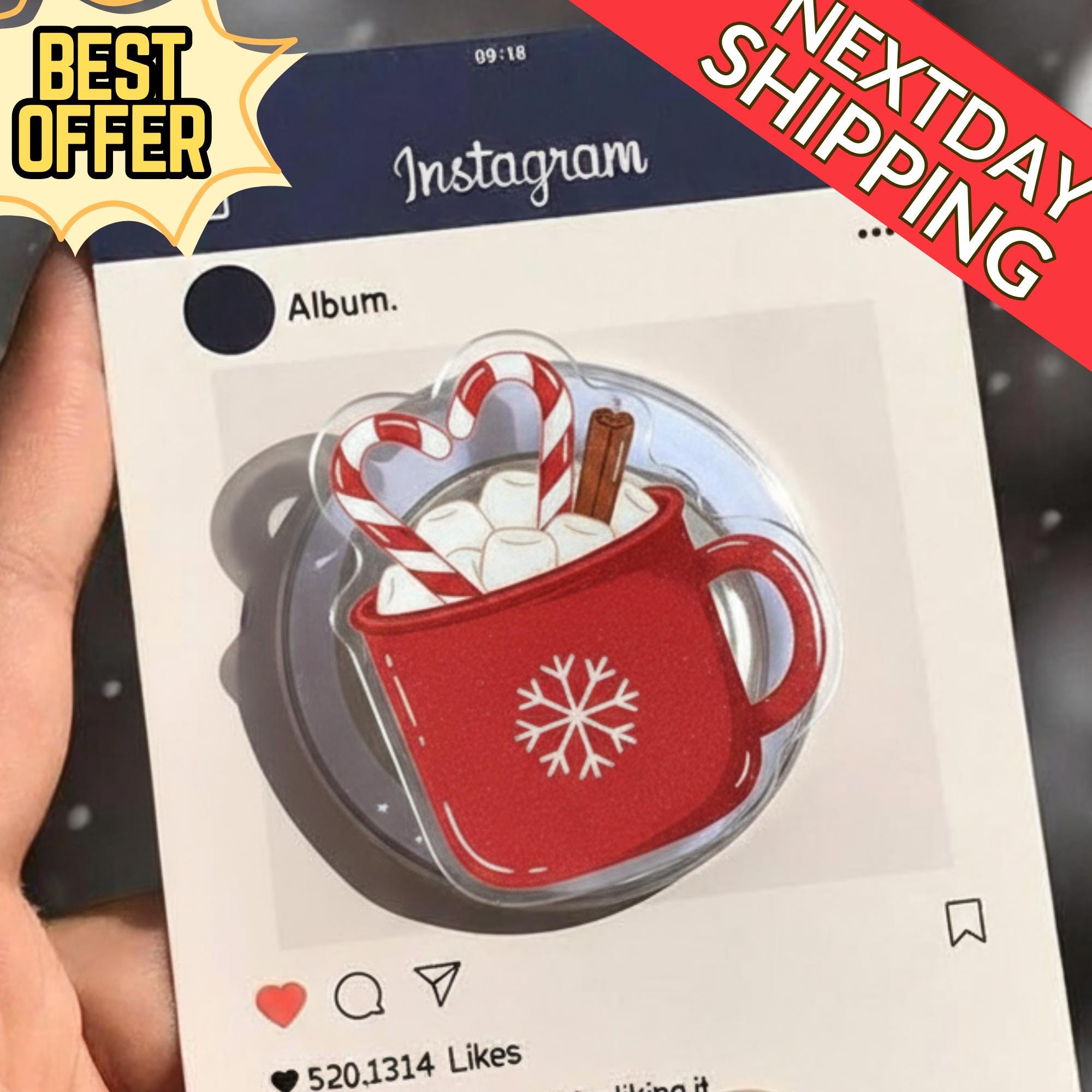 Holiday Hot Chocolate Magnetic Phone Grip: Cute Red Mug with Candy Canes & Marshmallows, Festive Winter Holder, Perfect Christmas Gift