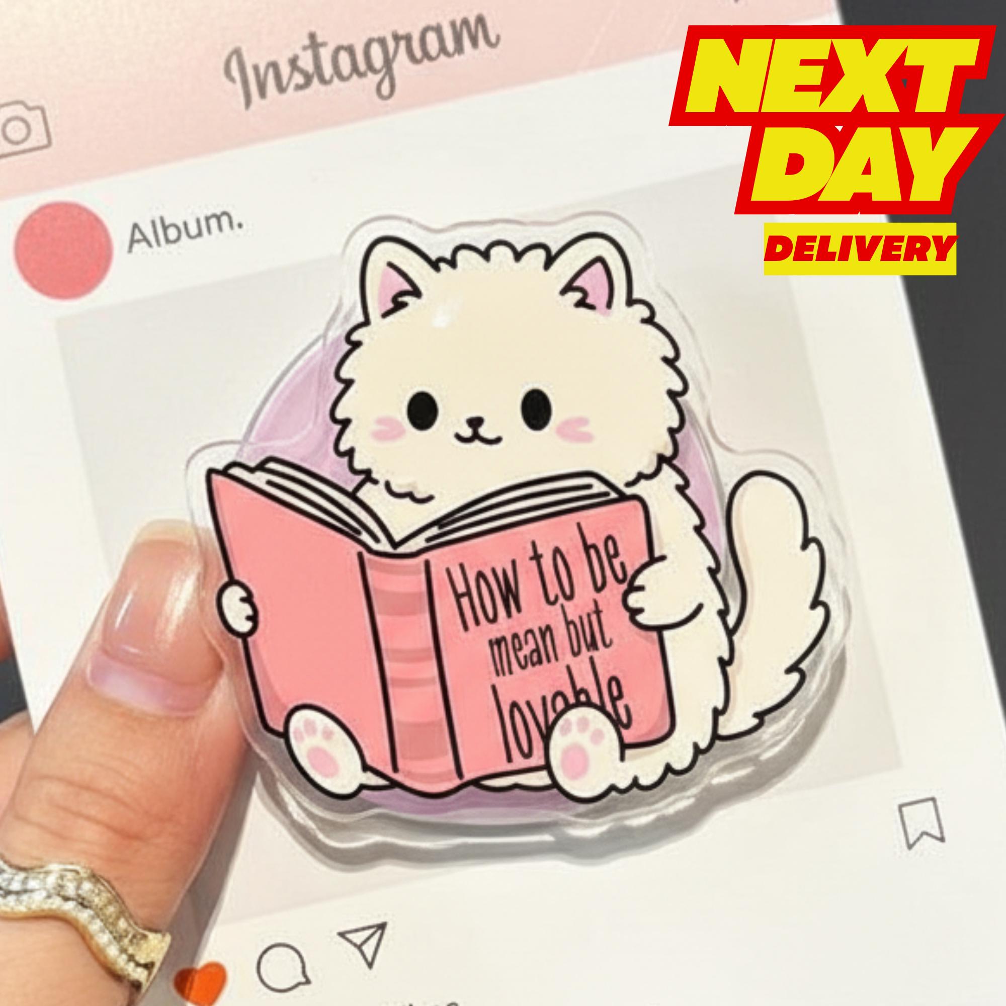 How To Be Mean But Lovable Cat MagSafe Phone Grip: Kawaii Cat Reading Book Magnetic Griptok, Funny Cat Lover Phone Holder, Gift for Teens