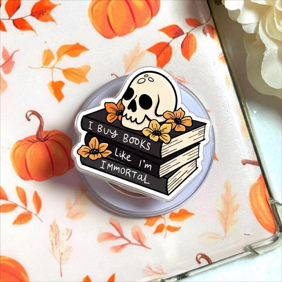 I Buy Books Like I'm Immortal MagSafe Phone Grip, Cute Ghost Magnetic Phone Holder, Skull & Stack Phone Stand, Funny Bookish Gift for Reader
