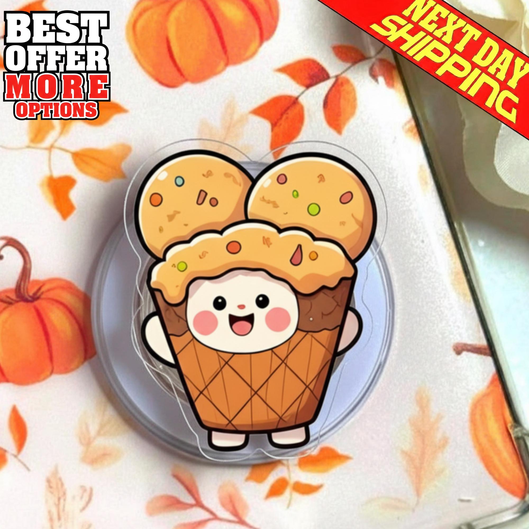 Ice Cream Cone MagSafe Phone Grip, Kawaii Cartoon Triple Scoop Magnetic Popgrip, Funny Dessert Character Phone Stands