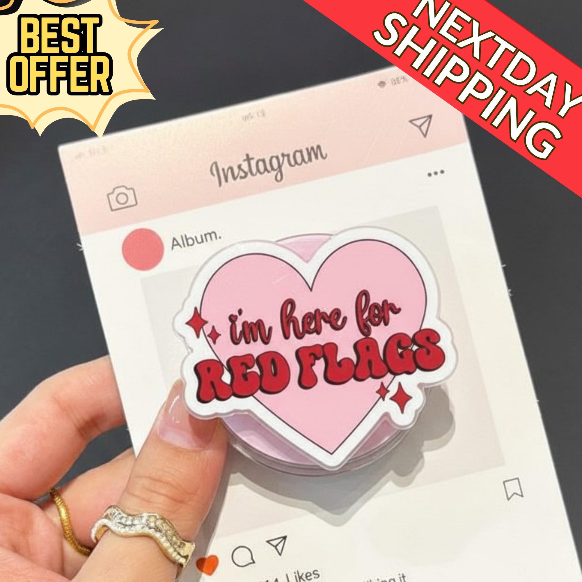 I'm Here for Red Flags Magnetic Phone Grip – Cute Heart Phone Holder, Fun Quote Grip for iPhone & Smartphone, Aesthetic Phone Accessory