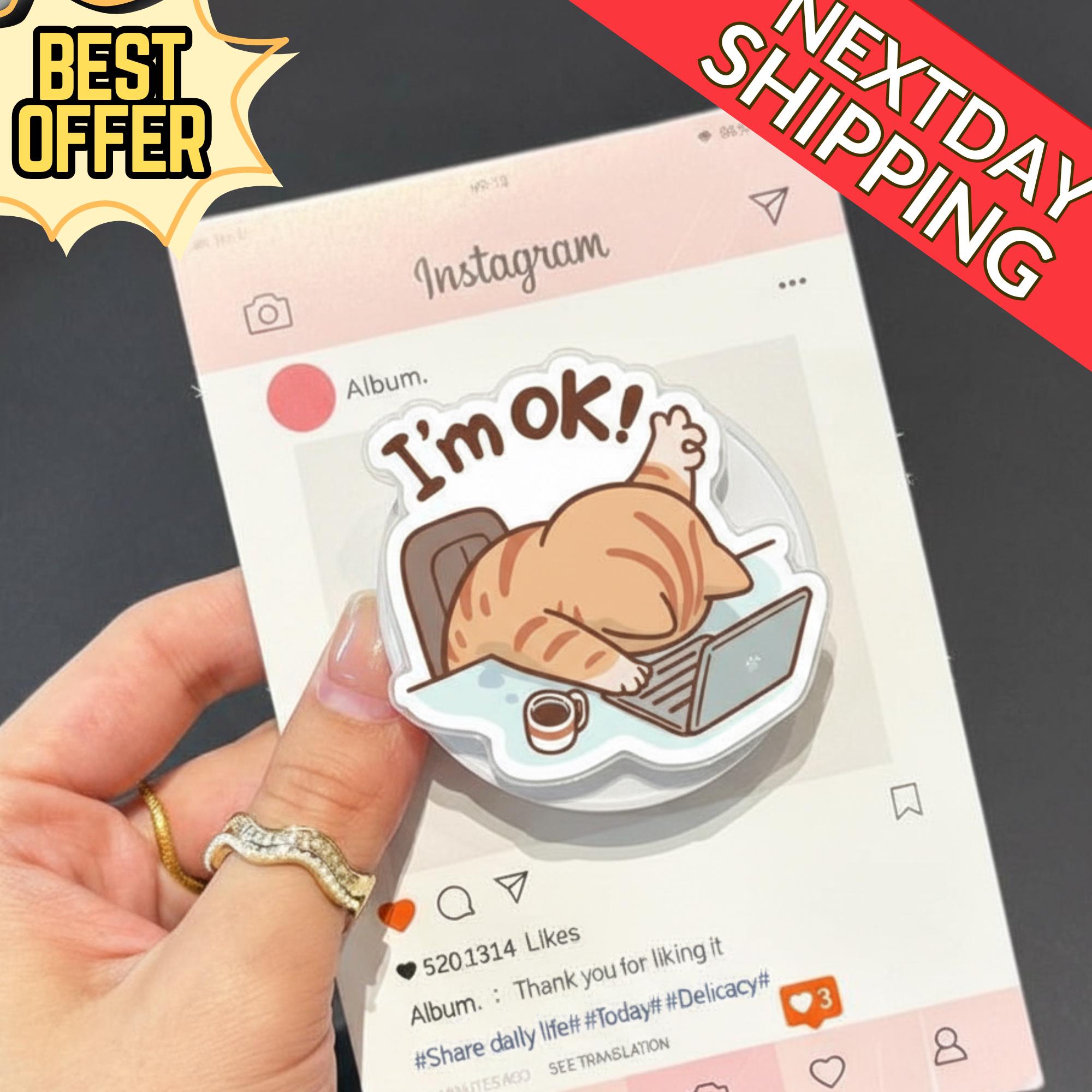 I'm OK Cat Magnetic Phone Grip: Funny Lazy Cat MagSafe Griptok, Cute Cat Office Phone Accessory, Coffee Lover Cat Phone Grip Gift