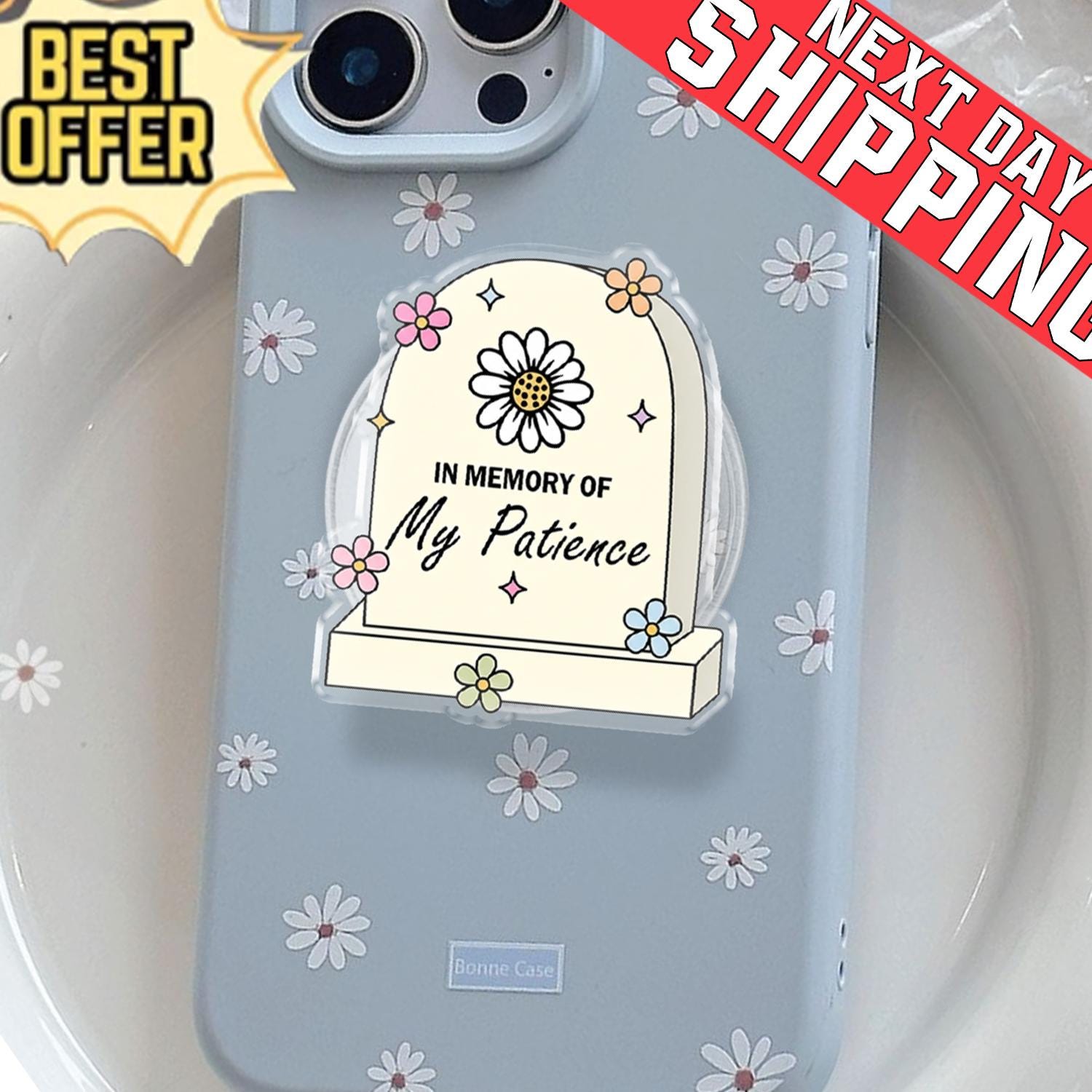 In Memory of My Patience Phone Holder, Funny Introvert Meme Grip, Aesthetic Pastel Tombstone Stand, Cute Sarcastic Gift, Kindle Phone Socket