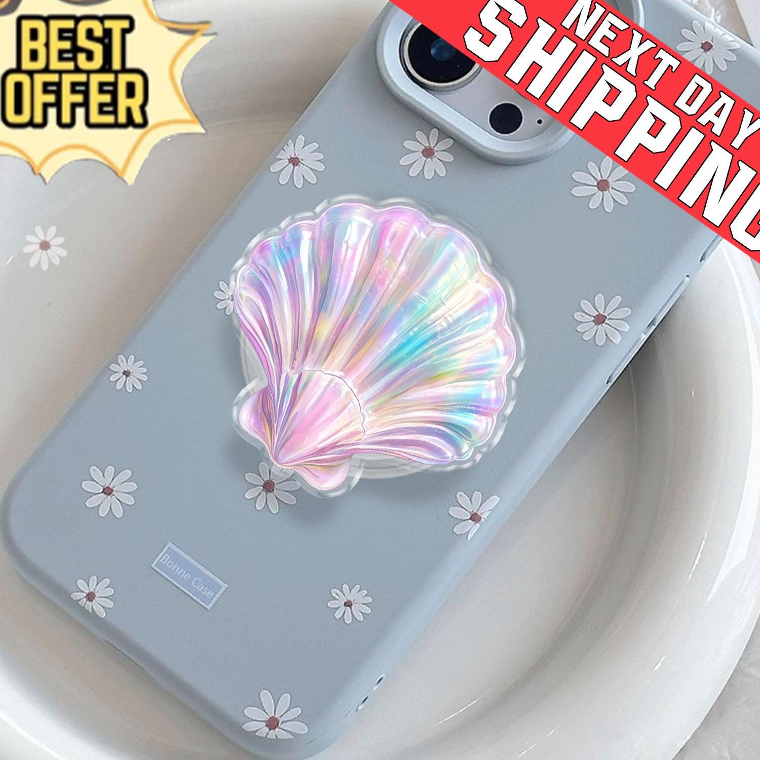 Iridescent Seashell Phone Grip, Aesthetic Mermaidcore MagSafe Pop Socket, Cute Pearl Shell Beach Gift, Holographic Ocean Mobile Stand
