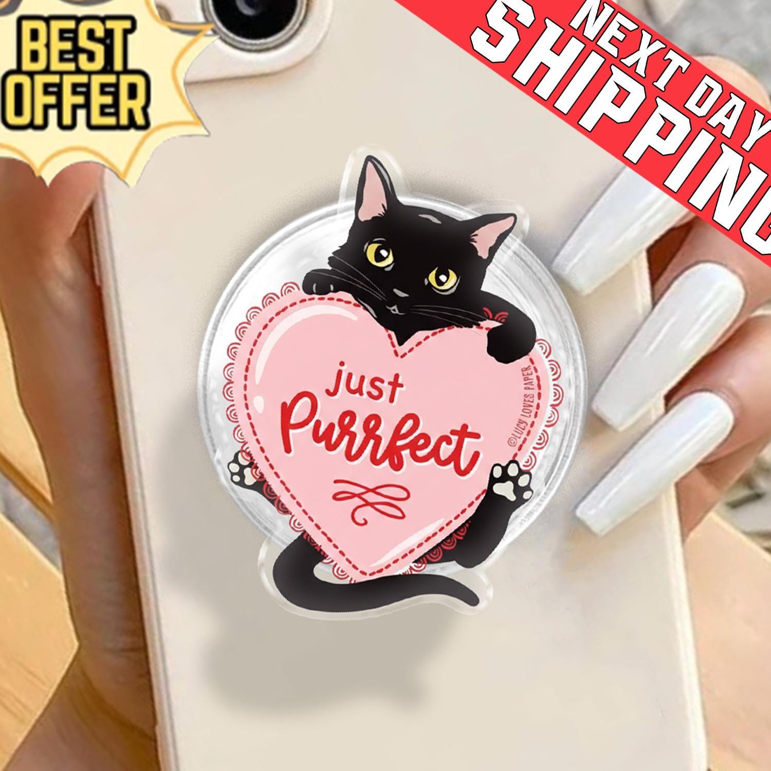 Just Purrfect Black Cat Phone Grip, Aesthetic Valentine MagSafe Pop Socket, Cute Kitty Heart Gift, Romantic Cat Lover Mobile Stand
