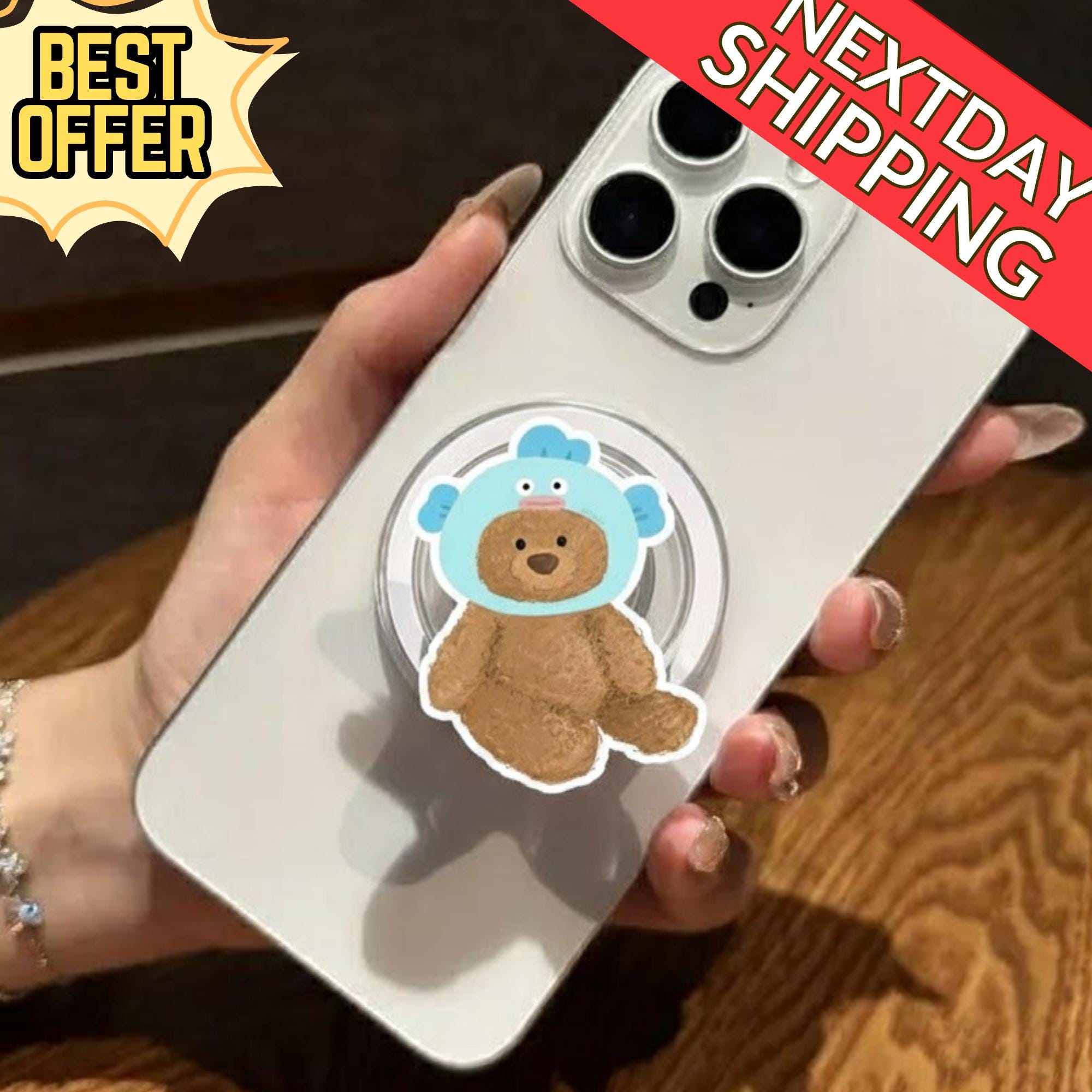 Kawaii Bear Magsafe Phone Stand, Cute Bear in Blue Hood Magnetic Phone Grip, Fun Phone Holder, Gift for Teens & Kids, MagSafe Compatible