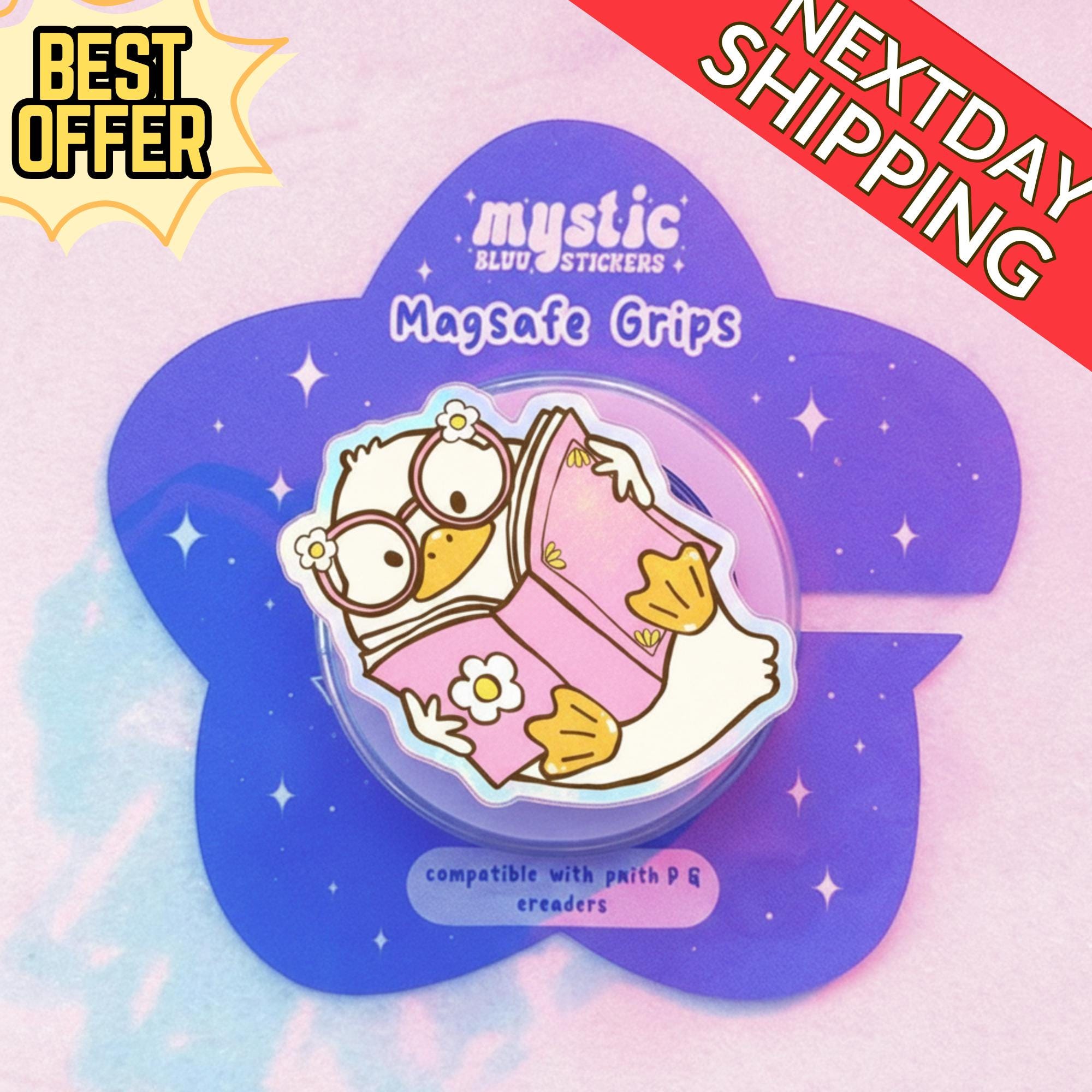 Kawaii Duck Magnetic Phone Grip – Cute Reading Duck with Glasses, Pink Book Design, Fall Accessory, Cute Magsafe Phone Stand for Book Lover