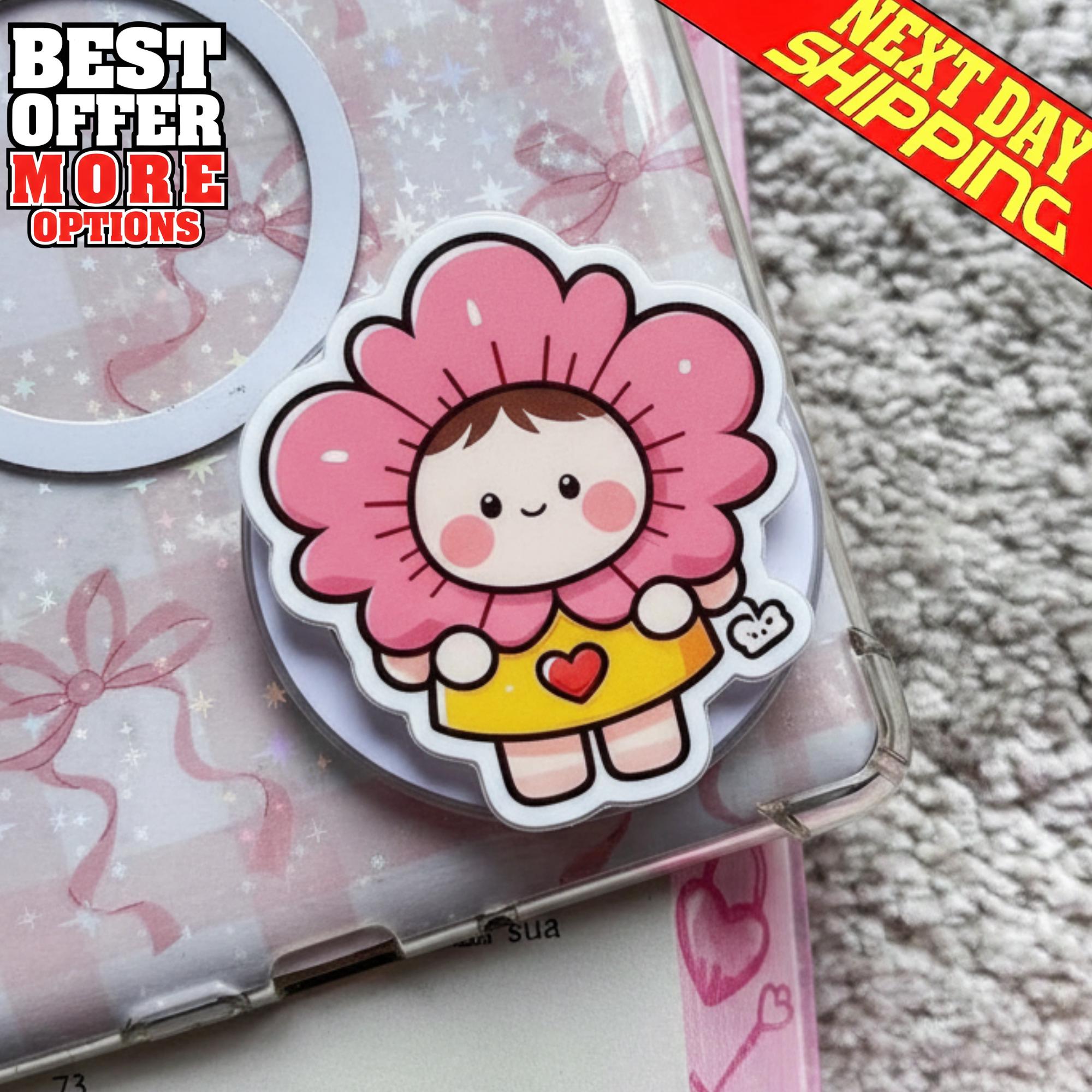 Kawaii Flower Girl MagSafe Phone Grip, Cartoon Magnetic Popgrip, Funny Pink Blossom Phone Stand