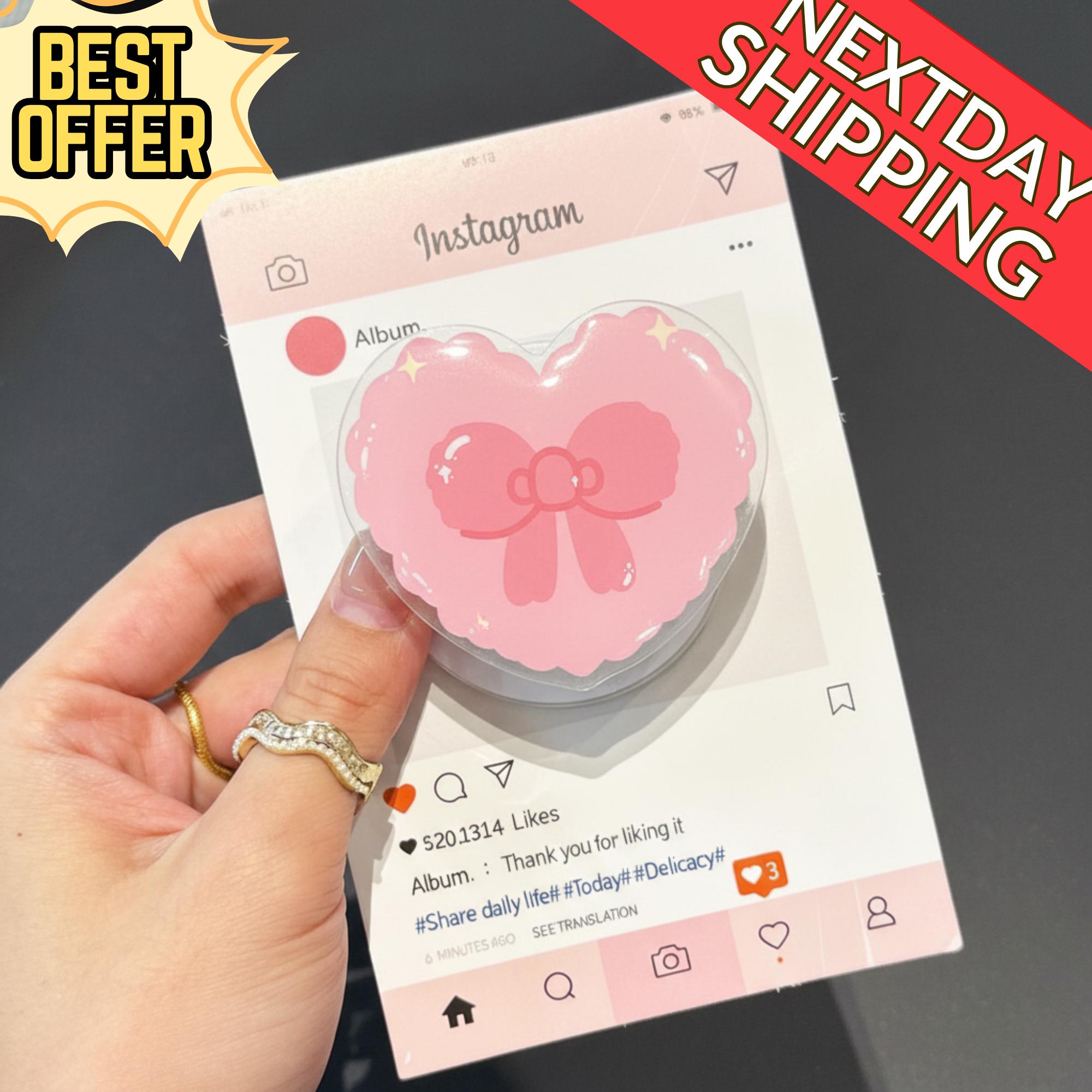 Kawaii Heart-Shaped Pink Bow Magsafe Phone Grip, Cute Phone Stand, Pastel Accessories for Phone, MagSafe Phone Grip, Kawaii Gift for Her