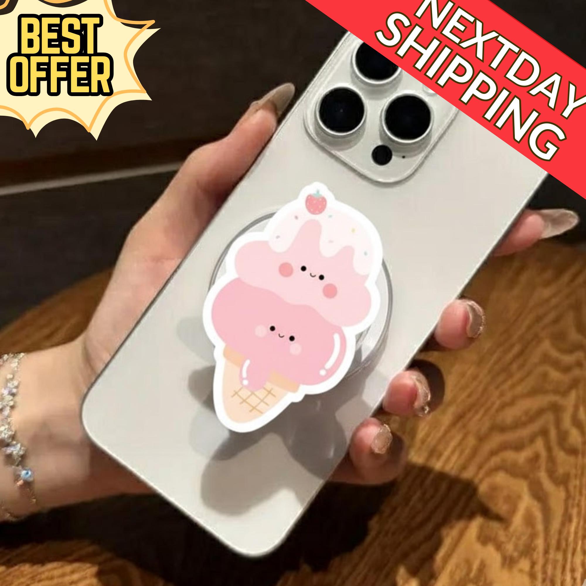 Kawaii Ice Cream Magnetic Phone Stand, Cute Pink Ice Cream Magsafe Phone Grip, Fun Phone Holder, Sweet Gift for Teens & Kids