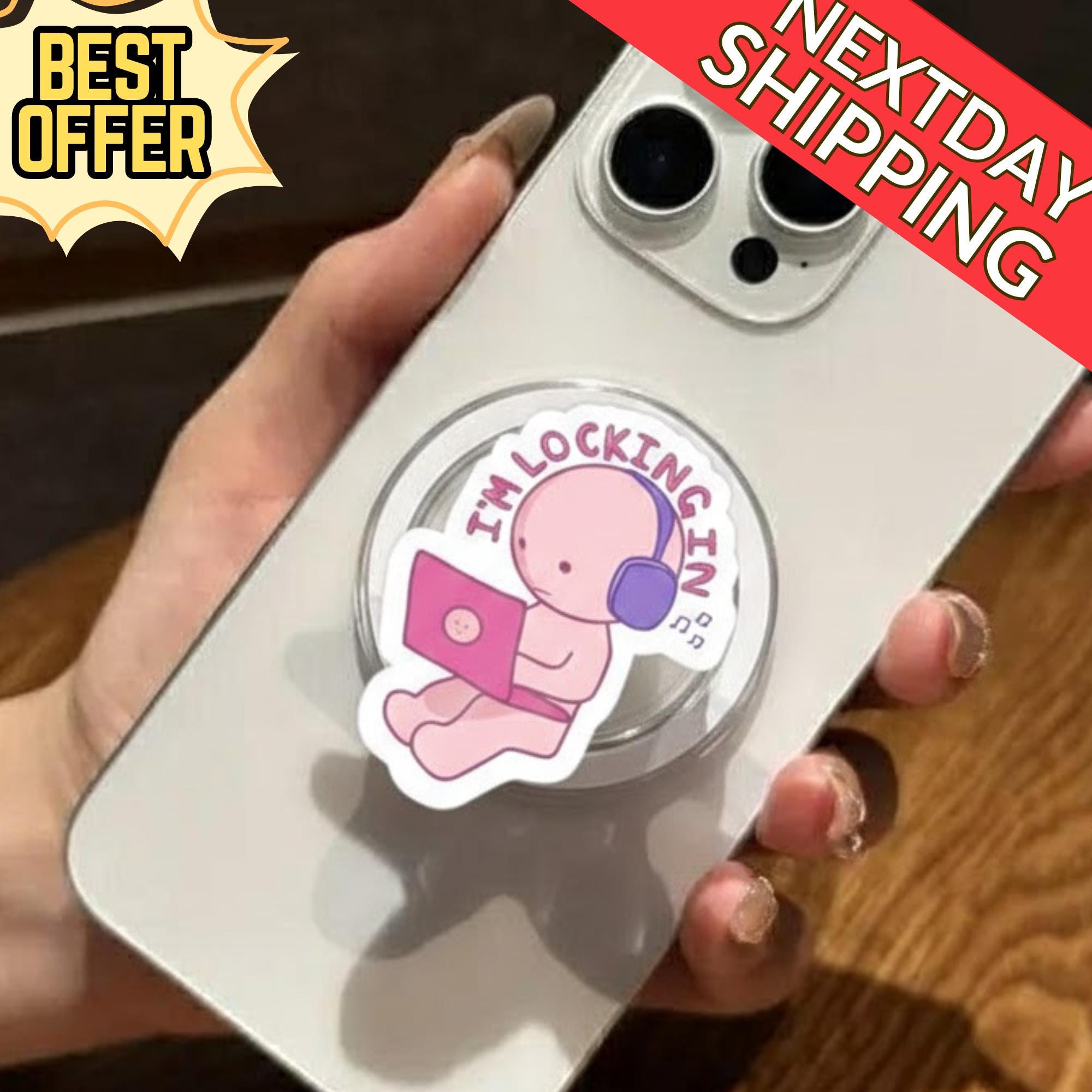 Kawaii Locking In Magnetic Phone Grip – Cute Character with Laptop & Headphones, MagSafe Phone Holder for Study and Work Lovers