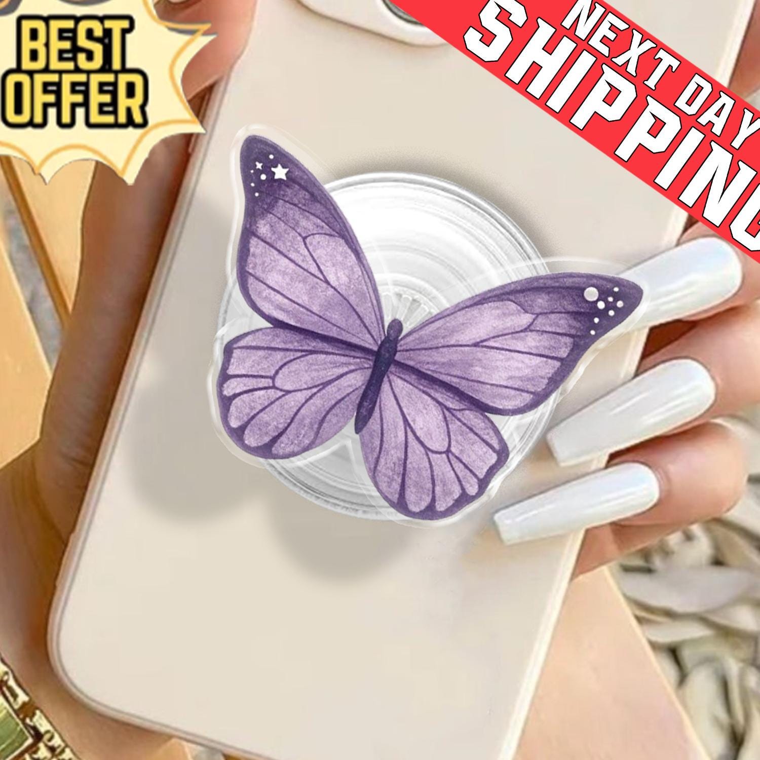 Lavender Butterfly Phone Holder, Aesthetic Purple Wing MagSafe Grip, Cute Pastel Fairycore Gift, Whimsical Celestial Mobile Stand