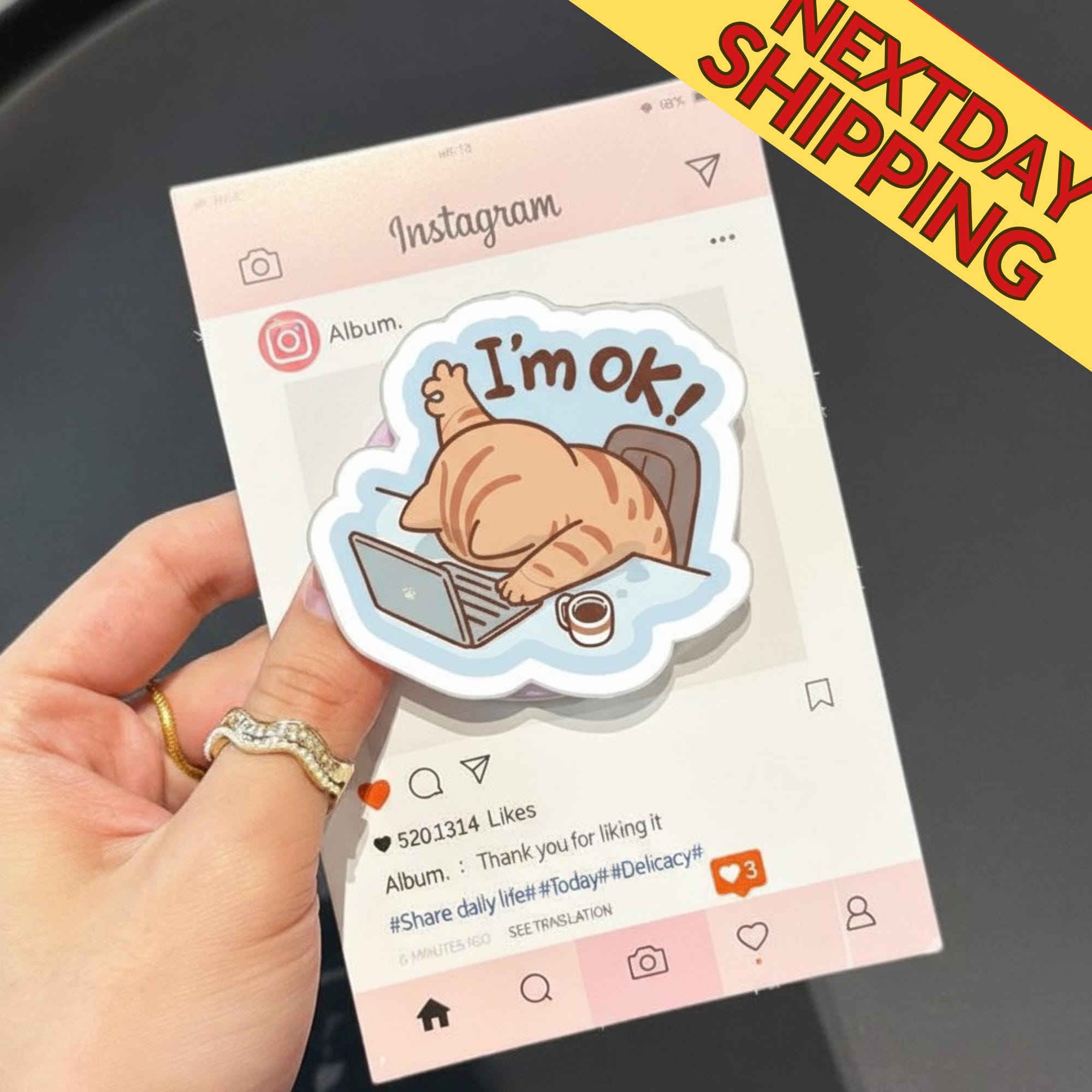 Lazy Cat I'm OK! Magsafe Phone Grip – Cute Kawaii Cat Magnetic Phone Holder, Fun Work Accessory for Cat Lovers & Office Workers