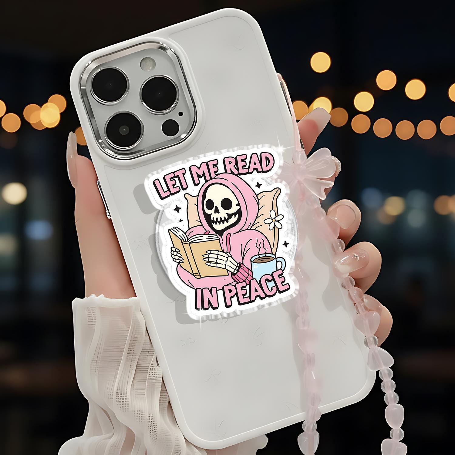 Let Me Read In Peace Magentic Phone Grip, Cute Skeleton Book Lover Pop Grip, Funny Reader Phone Holder, Gothic Cozy Reading Phone Accessory