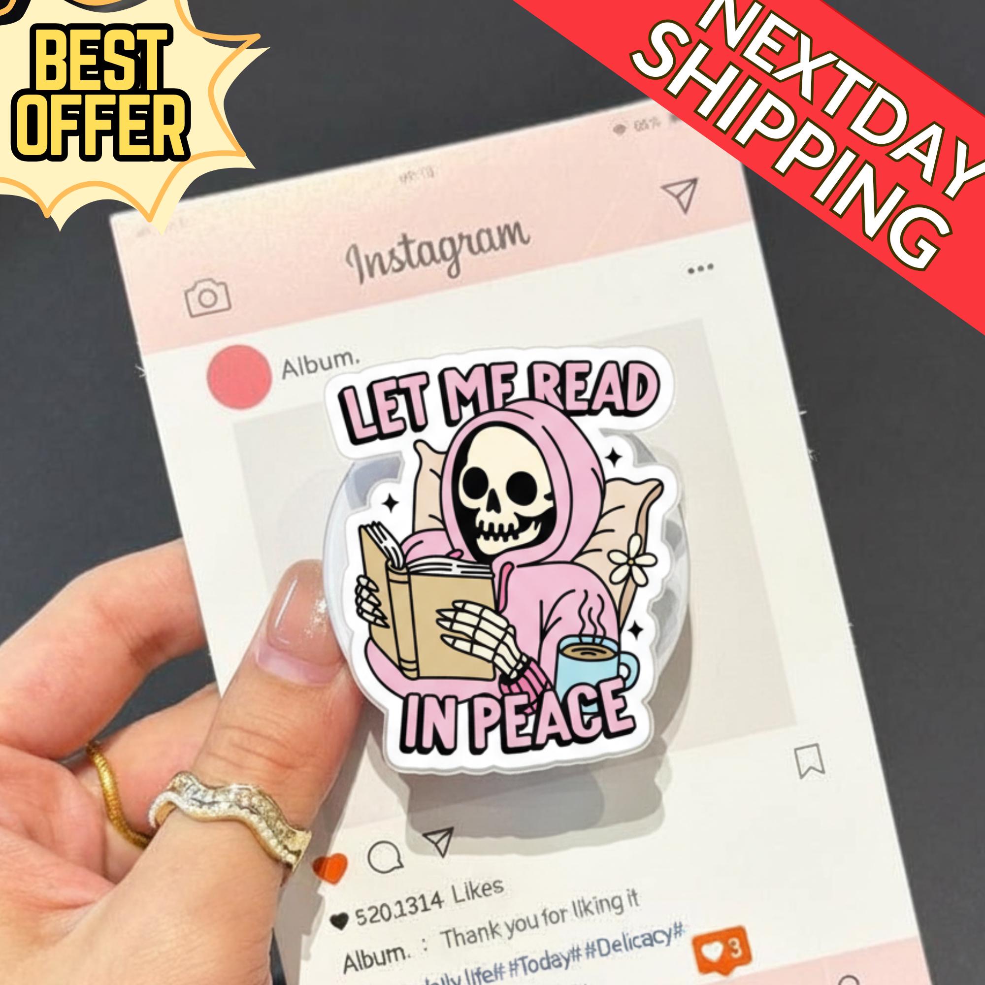 Let Me Read in Peace Magnetic Phone Grip – Funny Skeleton Reading Phone Holder, Kawaii Skeleton Phone Stand, Perfect Gift for Book Lovers