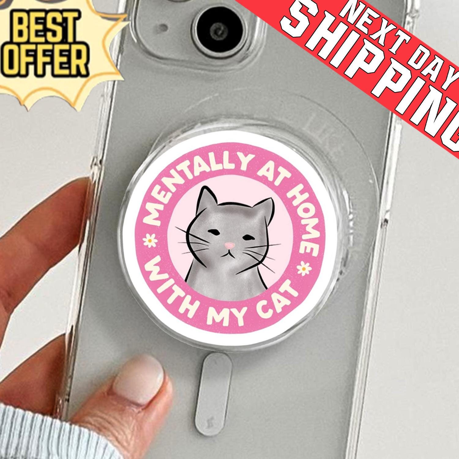 Mentally At Home With My Cat Phone Holder, Aesthetic Pink Kitty Grip, Funny Introvert Kitten Stand, Cute Pet Lover Gift, Kindle Phone Socket