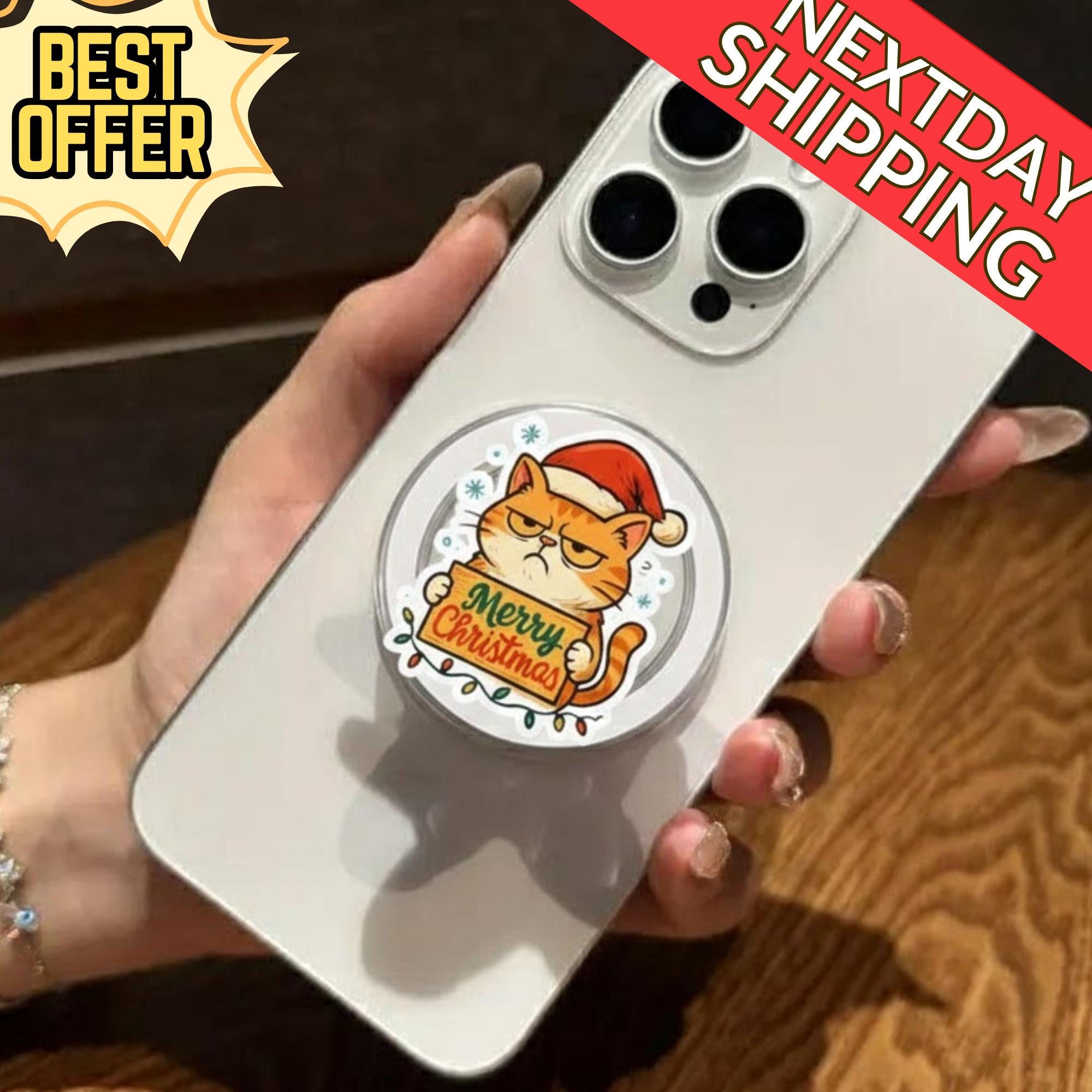 Merry Christmas Cat Magsafe Phone Grip – Cute Kitty with Santa Hat Magnetic Phone Stand, Holiday Phone Decor, Festive Phone Accessory