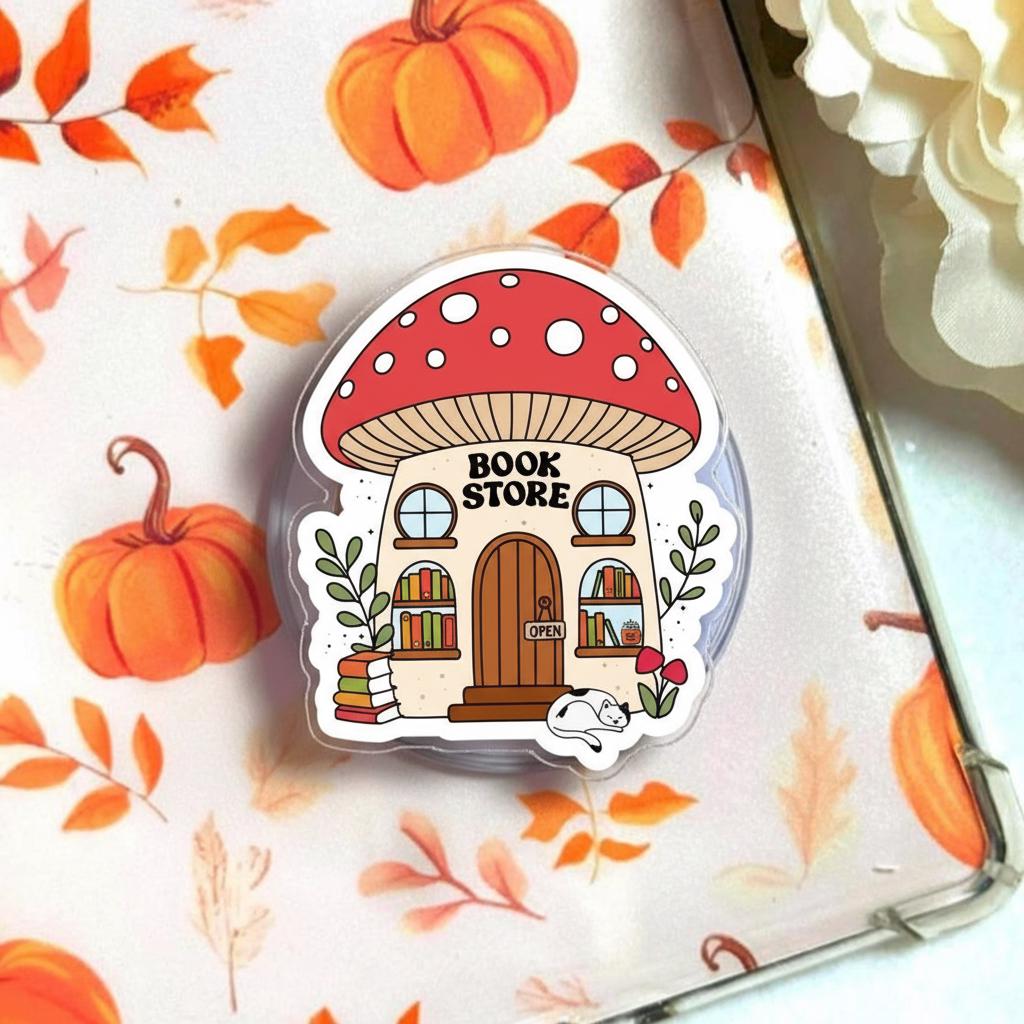 Mushroom Bookstore MagSafe Phone Grip, Whimsical Cottagecore Magnetic Holder, Cozy Fall Popgrip for Book Lovers & E-Readers