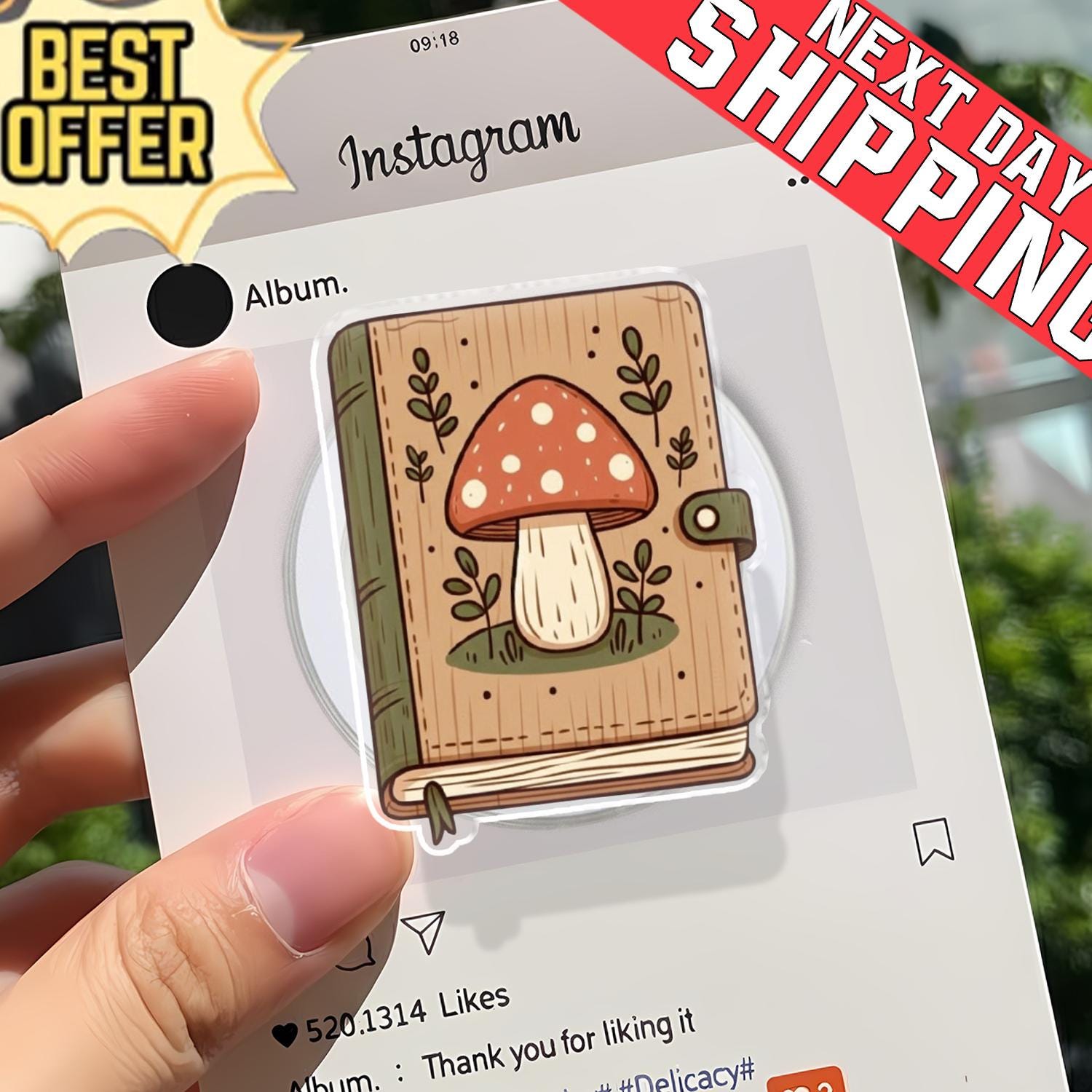 Mushroom Journal Phone Holder, Aesthetic Cottagecore Book Grip, Vintage Forest Notebook Stand, Cute Nature Lover Gift, Gingham Kindle Socket