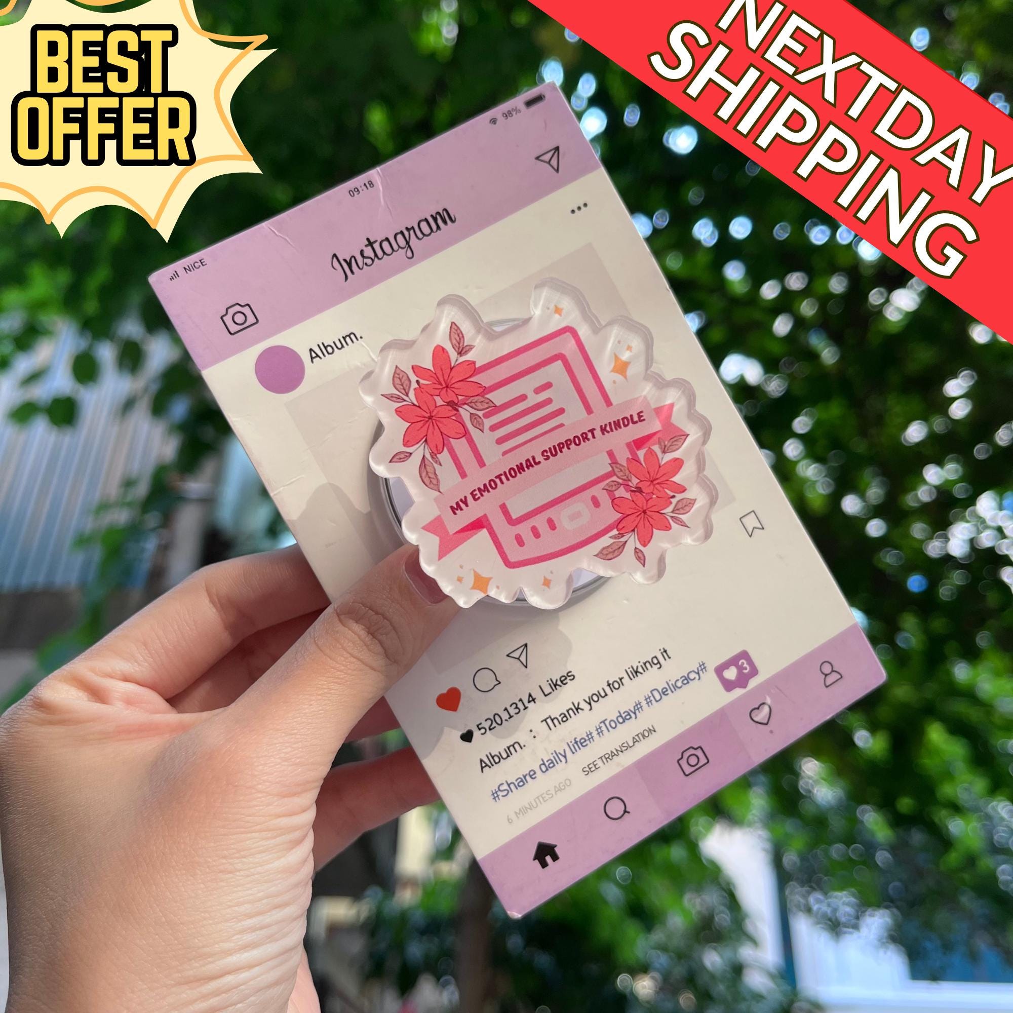 My Emotional Support Kindle Phone Stand: Cute Bookish Magnetic Phone Grip, Pink Flowers Book-Inspired Phone Holder, Perfect Gift for Lovers