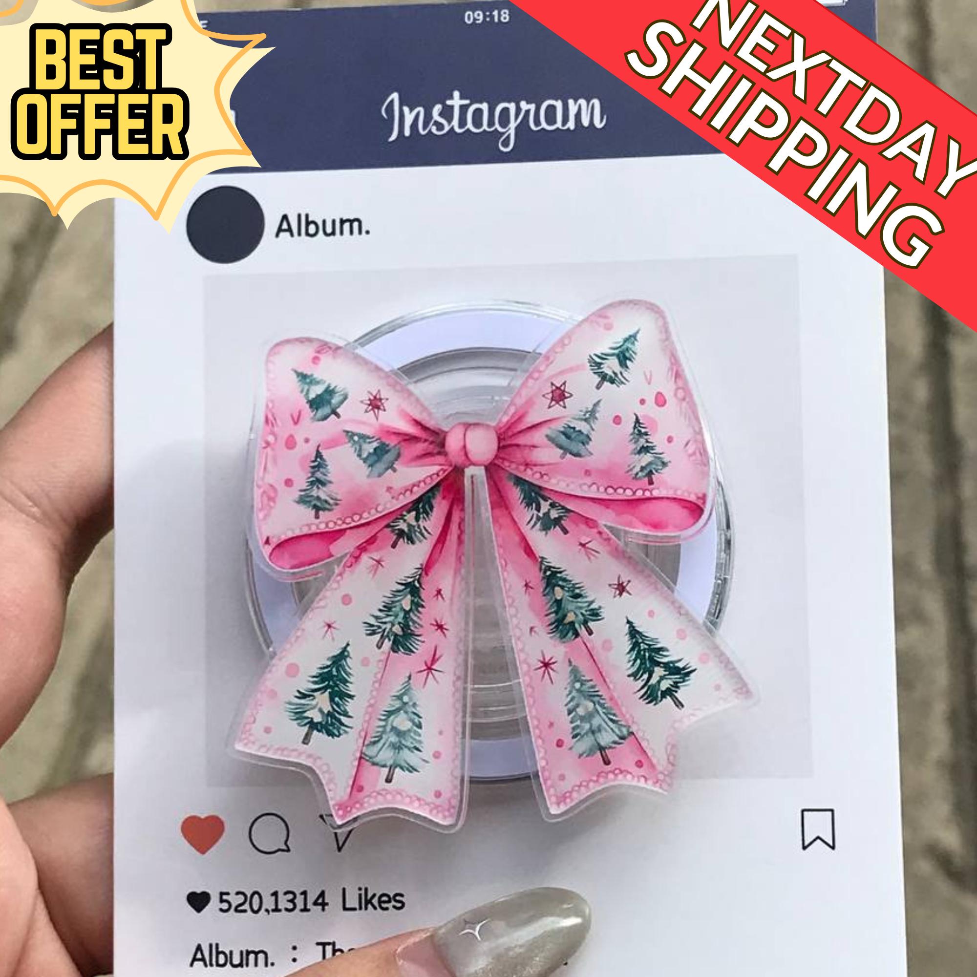 Pink Christmas Tree Bow Magnetic Phone Grip: Festive Holiday Griptok, Cute Xmas Phone Holder, Perfect Gift for Teens & Friends