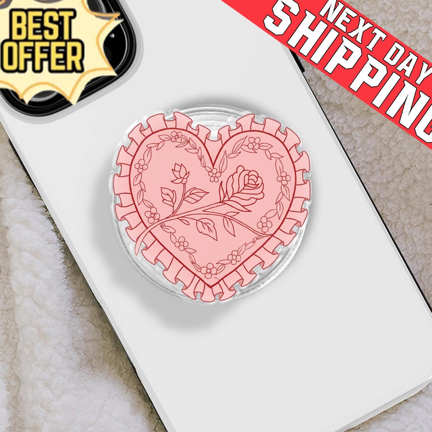 Pink Ruffle Heart Phone Grip, Aesthetic Rose Coquette MagSafe Pop Socket, Cute Vintage Floral Gift, Romantic Lace Heart Mobile Stand