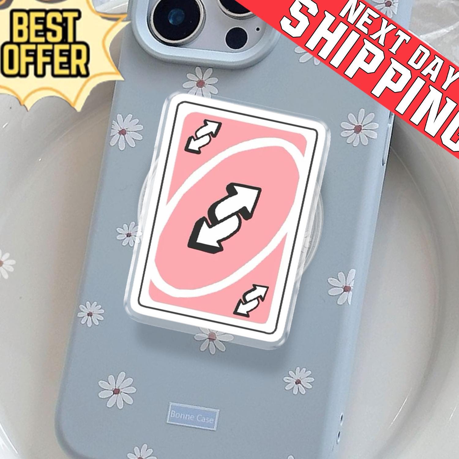 Pink Uno Reverse Phone Holder, Aesthetic Meme Phone Grip, Funny Uno Card Stand, Cute Daisy Blue Case Accessory, Y2K Retro Gamer Gift for Her