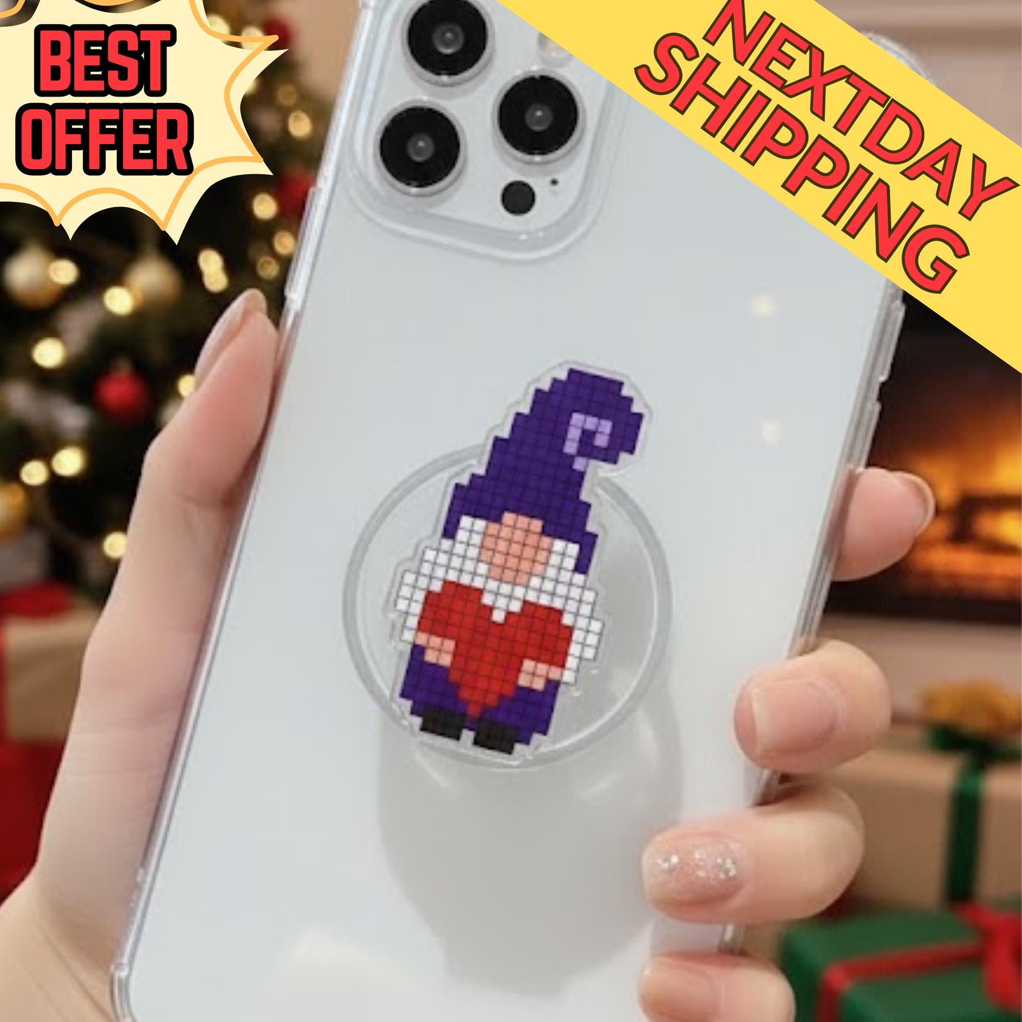 Pixelated Gnome Magnetic Phone Grip, Magsafe Phone Stand – Cute Pixel Art Gnome with Purple Hat, Holiday Phone Accessory for Christmas Lover