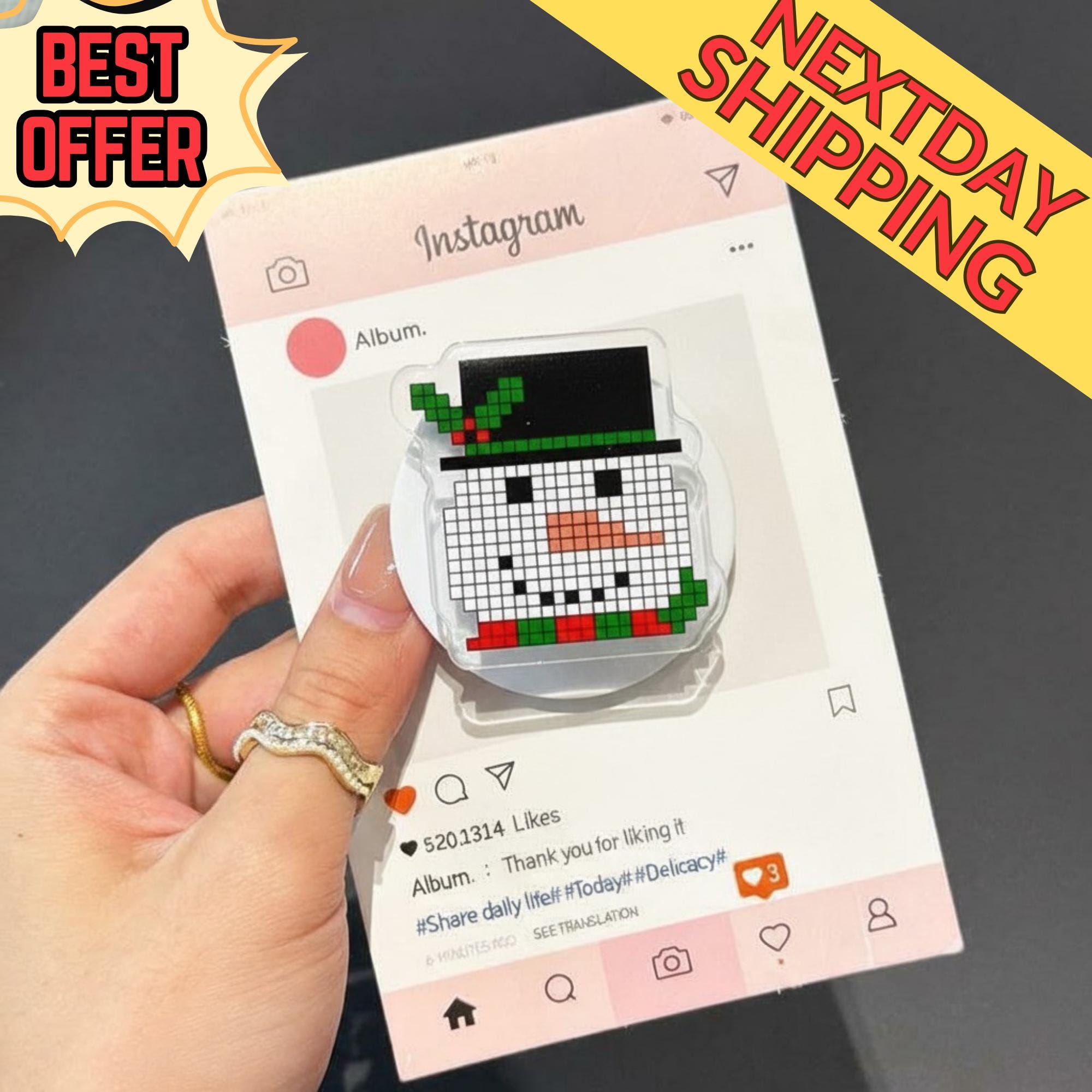 Pixelated Snowman Magsafe Phone Grip, Magnetic Griptok – Cute Christmas Snowman with Hat and Scarf, Phone Accessory for Christmas Lovers