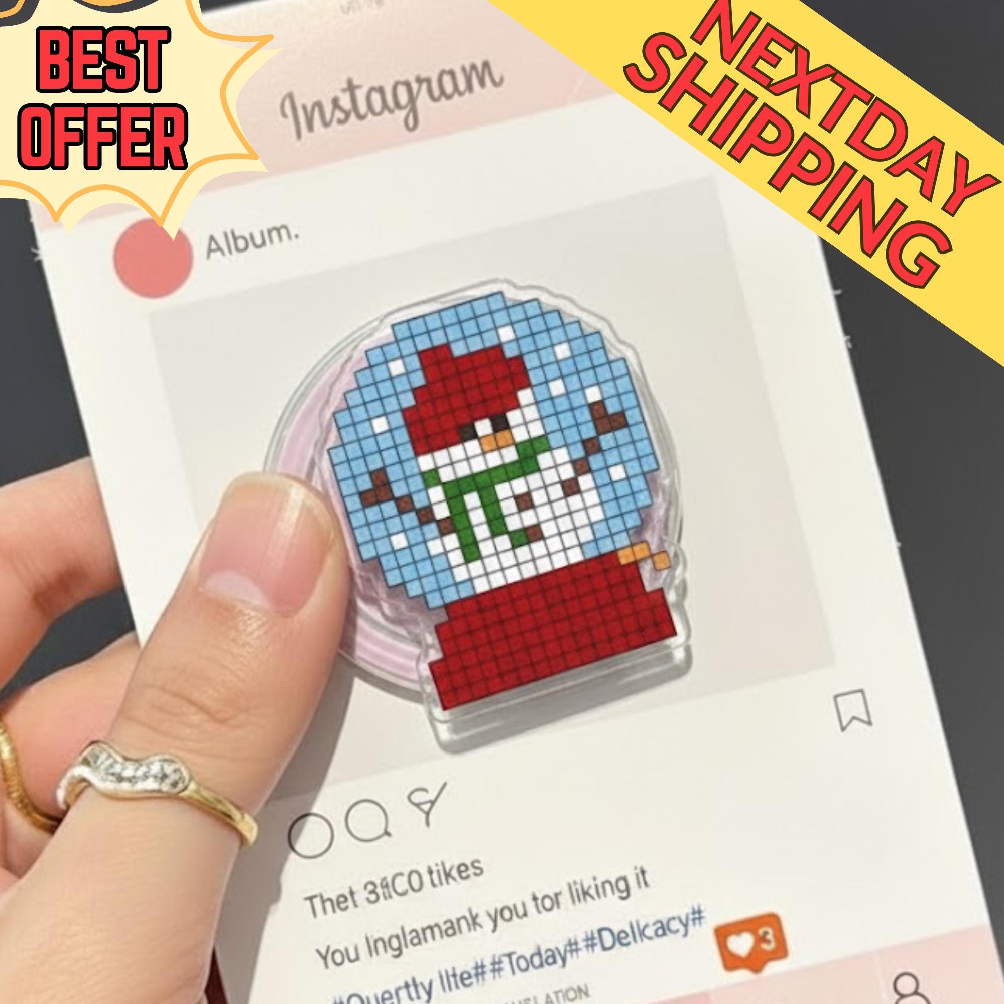 Pixelated Snowman Snow Globe Magnetic Phone Grip, Magsafe Phone Holder – Fun Christmas Snow Globe with Snowman and Hat, Holiday Accessory