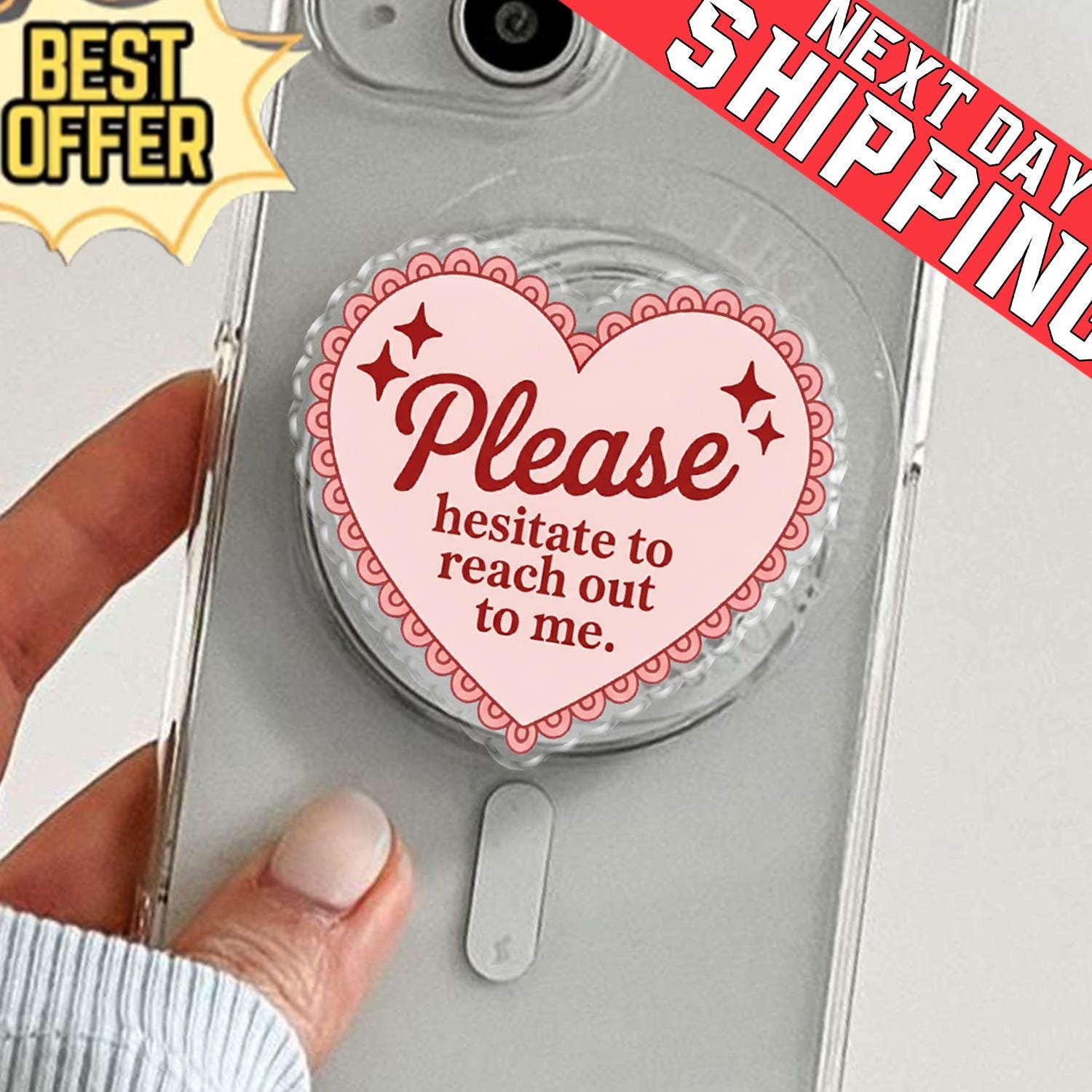 Please Hesitate to Reach Out Phone Holder, Funny Introvert Meme Grip, Aesthetic Pink Heart Stand, Sassy Social Anxiety Gift, Kindle Socket