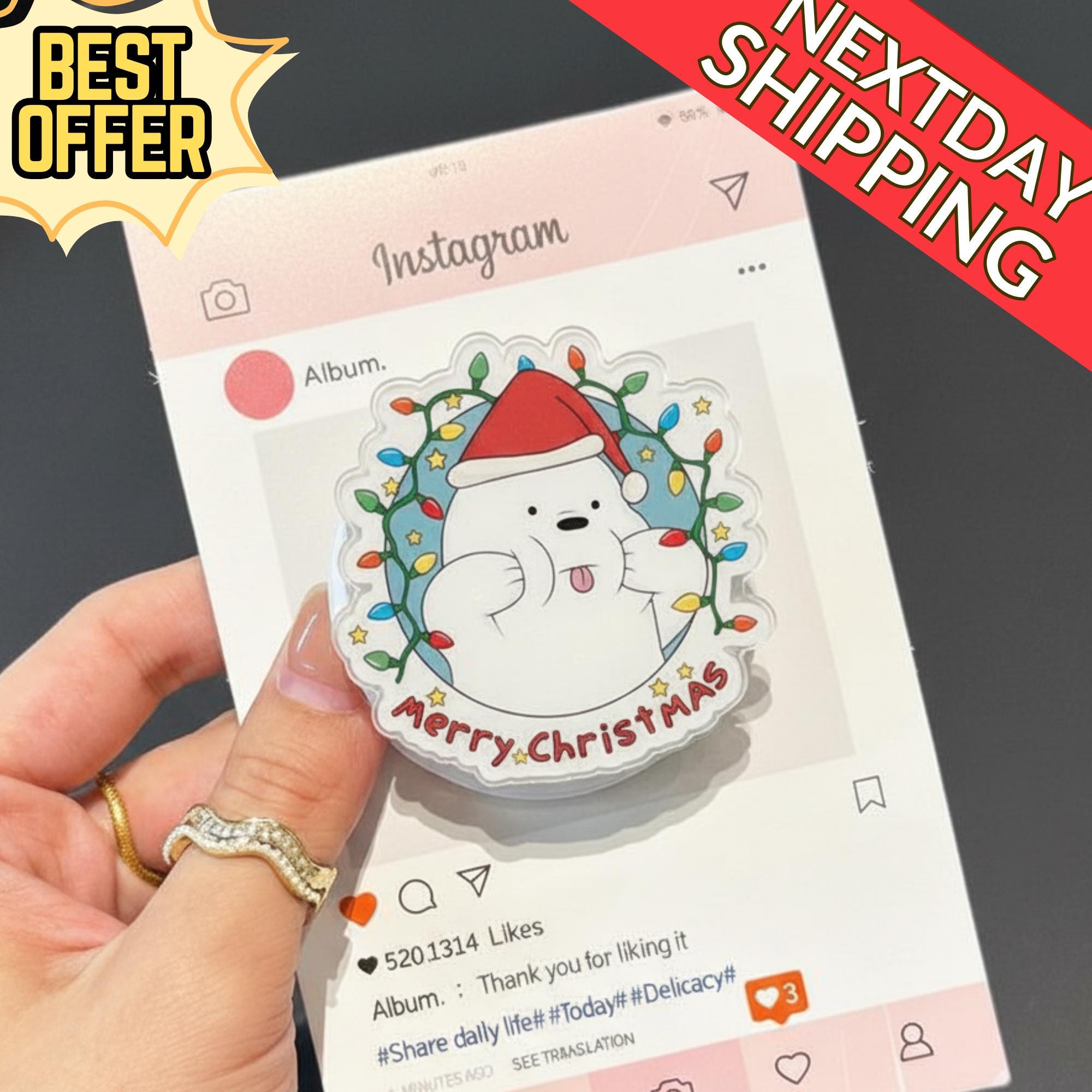 Polar Bear Christmas Magnetic Phone Grip: Cute Holiday Bear MagSafe Phone Stand, Merry Christmas Phone Grip, Christmas Decor, Cute Accessory