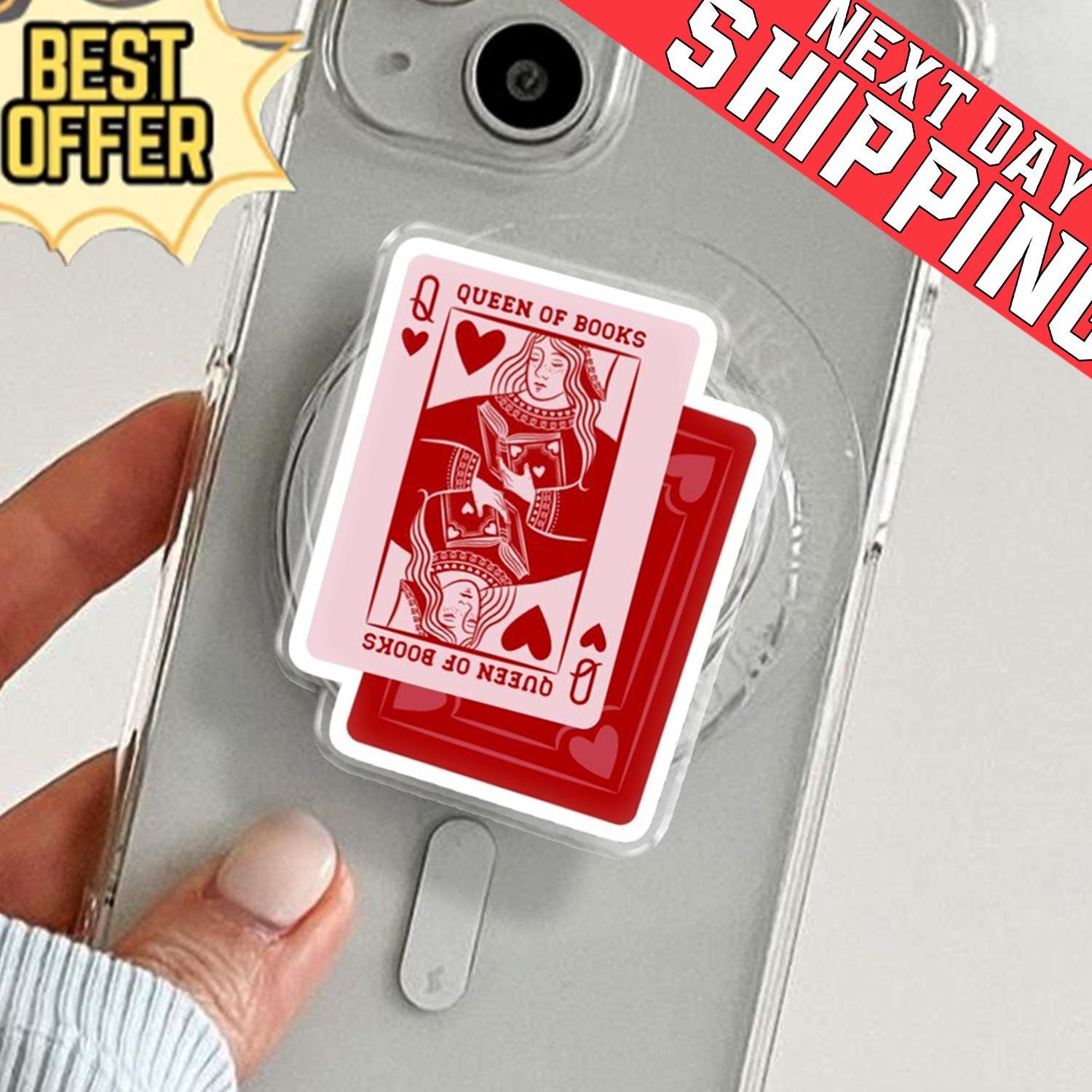 Queen of Books Phone Holder, Aesthetic Playing Card Grip, Red Hearts Bookish Gift for Readers, Cute Librarian MagSafe Stand, Book Club Gear