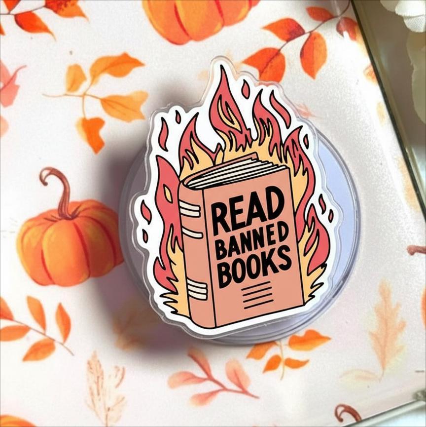 Read Banned Books MagSafe Phone Grip: Flame Book Magnetic Phone Holder, Intellectual Freedom Sticker Grip, Gift for Book Lovers, Friends