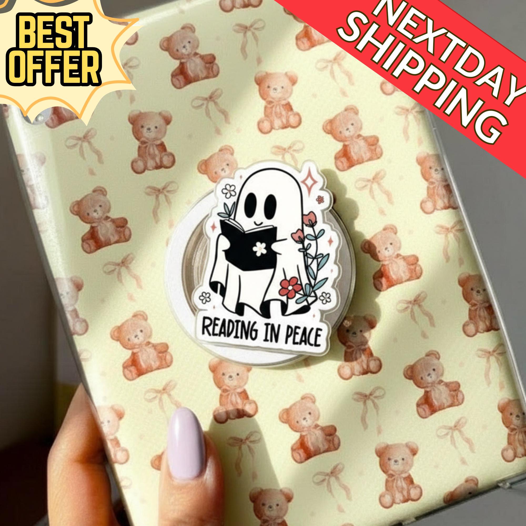 Reading in Peace Ghost MagSafe Phone Grip: Cute Bookish Ghost Magnetic Phone Holder, Spooky Reader Holder, Gift for Book Lovers