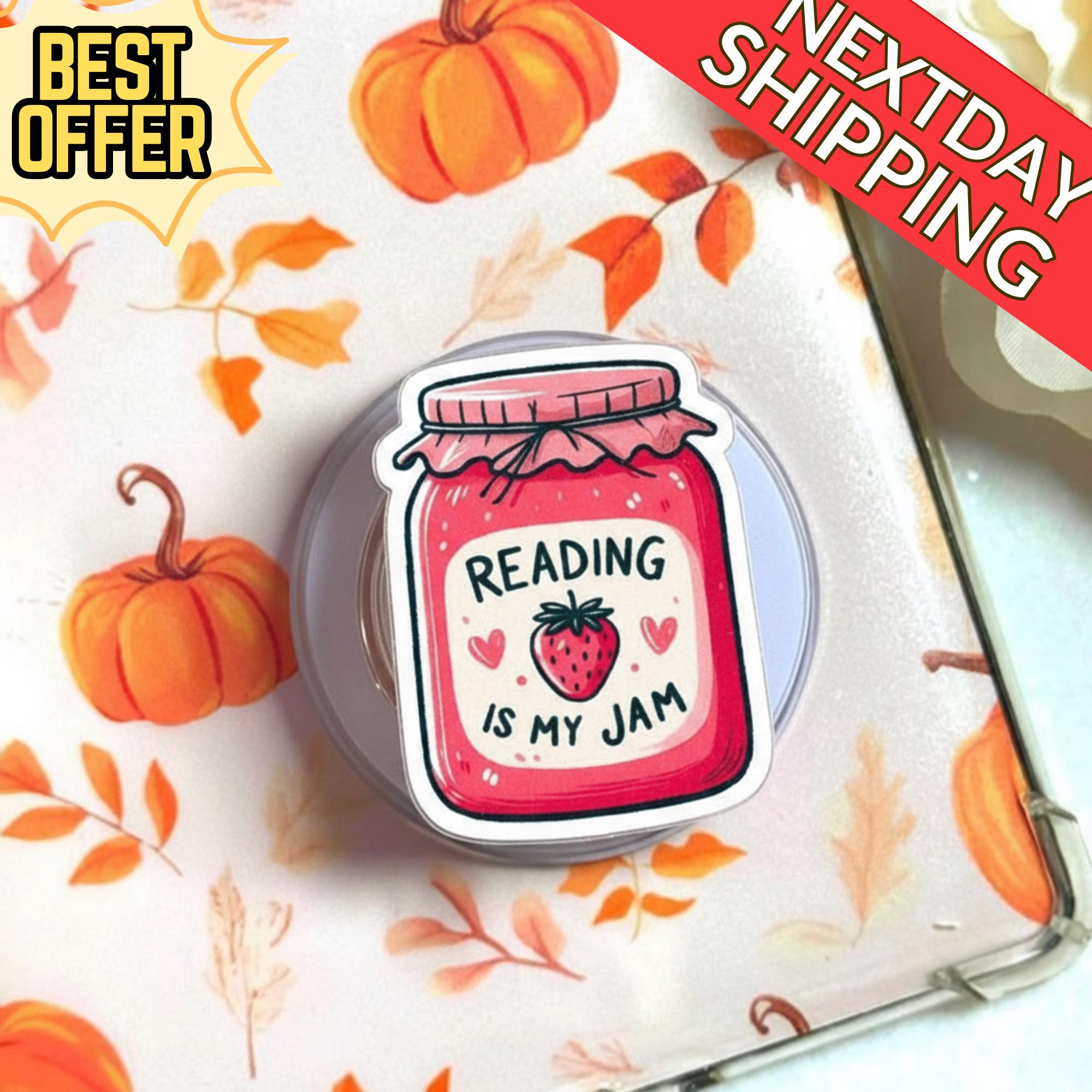 Reading Is My Jam Magnetic Phone Grip, Cute Strawberry Jam Jar Phone Accessory, Book Lover Gift, Fun Literary Magsafe Phone Grip