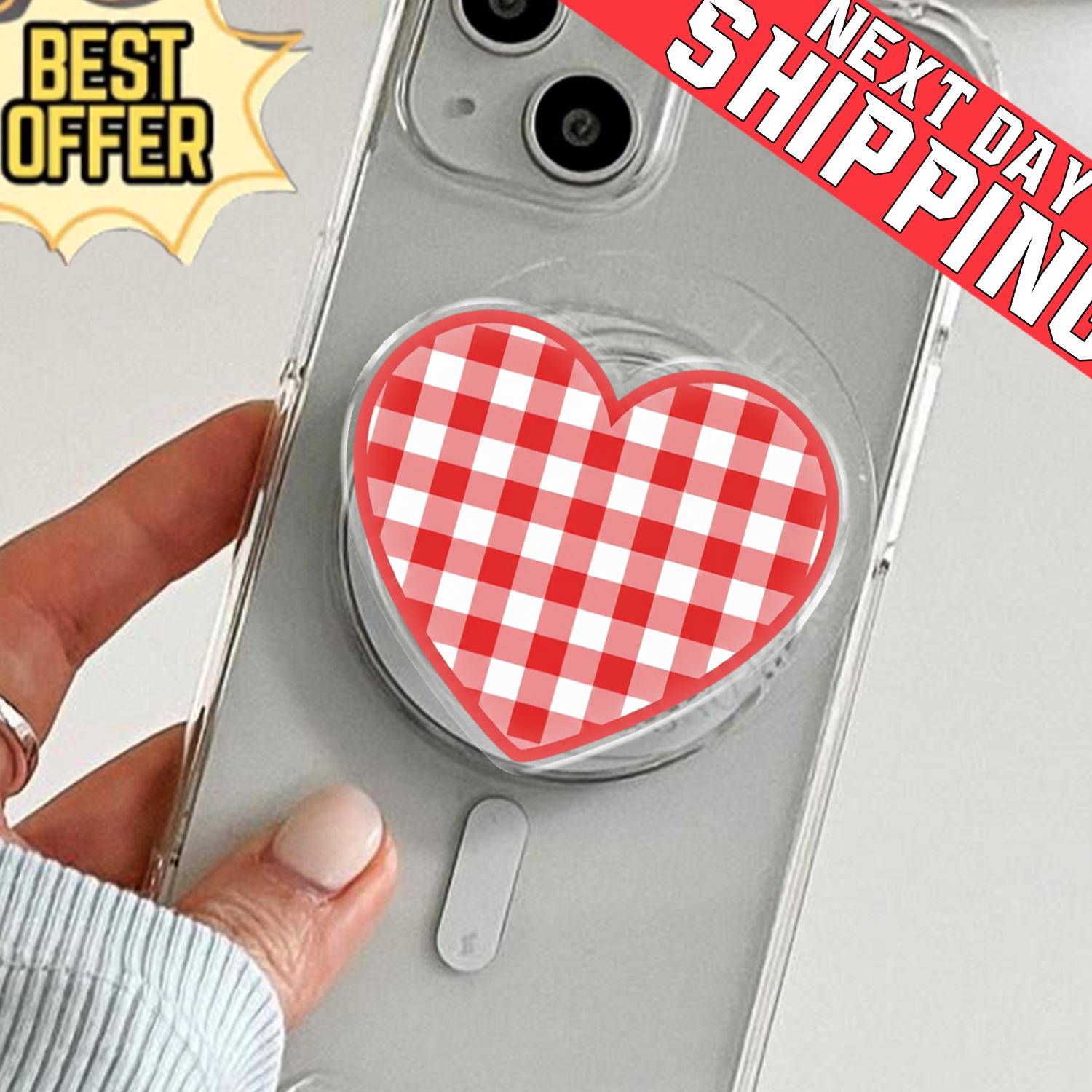 Red Gingham Heart Phone Grip, Aesthetic Coquette MagSafe Pop Socket, Cute Picnic Party Gift, Vintage Plaid Valentine Mobile Stand