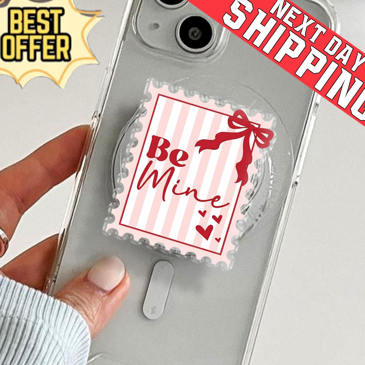 Red Heart Gingham Stamp Phone Grip, Aesthetic Coquette MagSafe Pop Socket, Cute Postage Stamp Gift, Romantic Plaid Valentine Mobile Stand