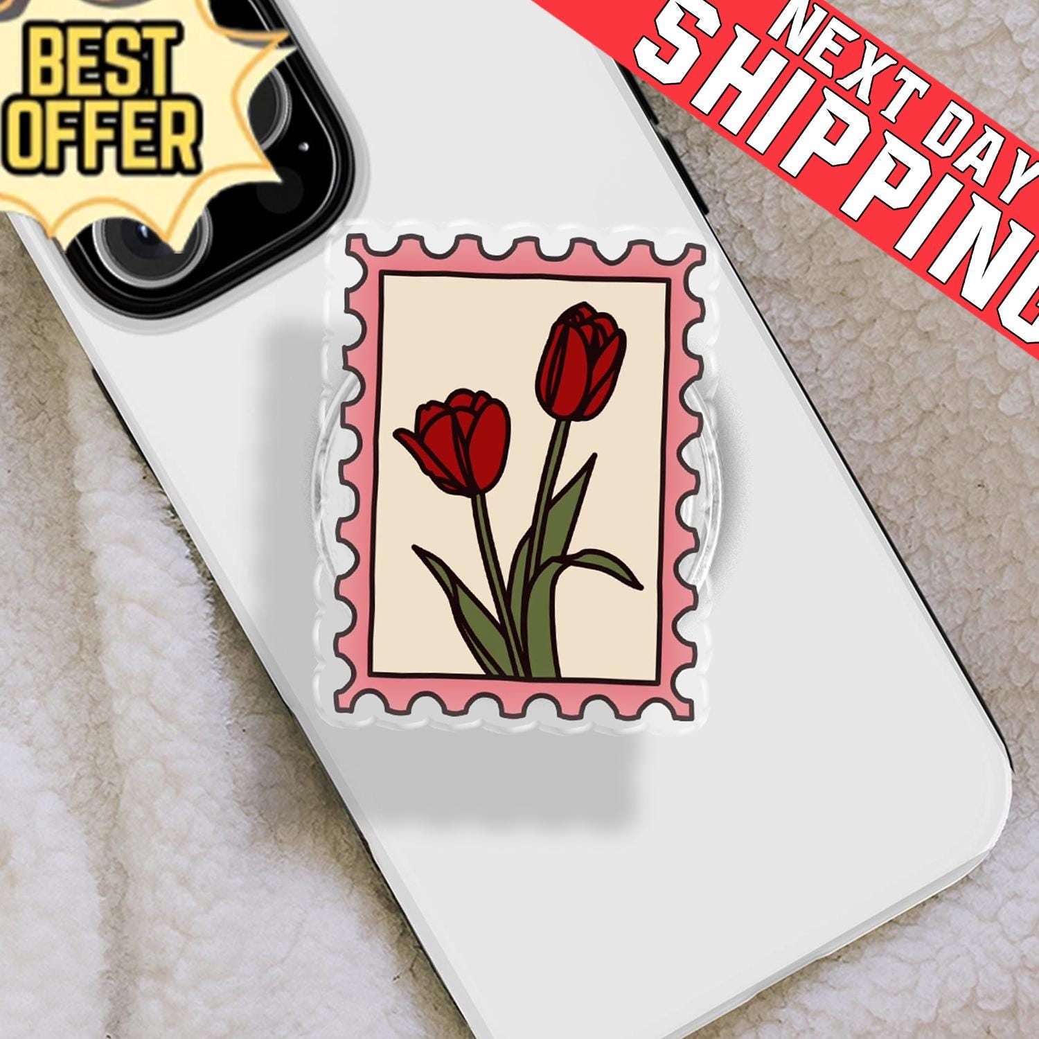 Red Tulip Stamp Phone Holder, Vintage Floral Postage Grip, Aesthetic Flower Stationery Phone Stand, Retro Botanical Gift, Cute Kindle Socket