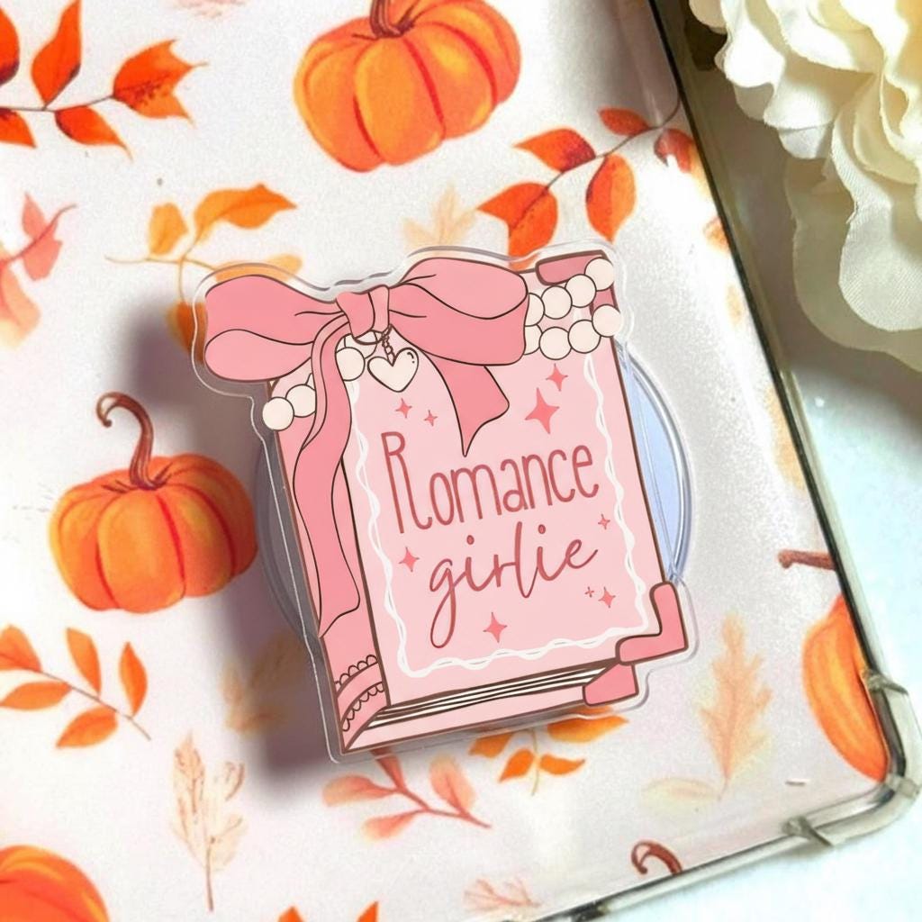 Romance Girlie MagSafe Phone Grip, Pink Book Magnetic Popgrip with Bow & Pearls, Feminine Phone Holder for Readers, Bookish Gift for Readers