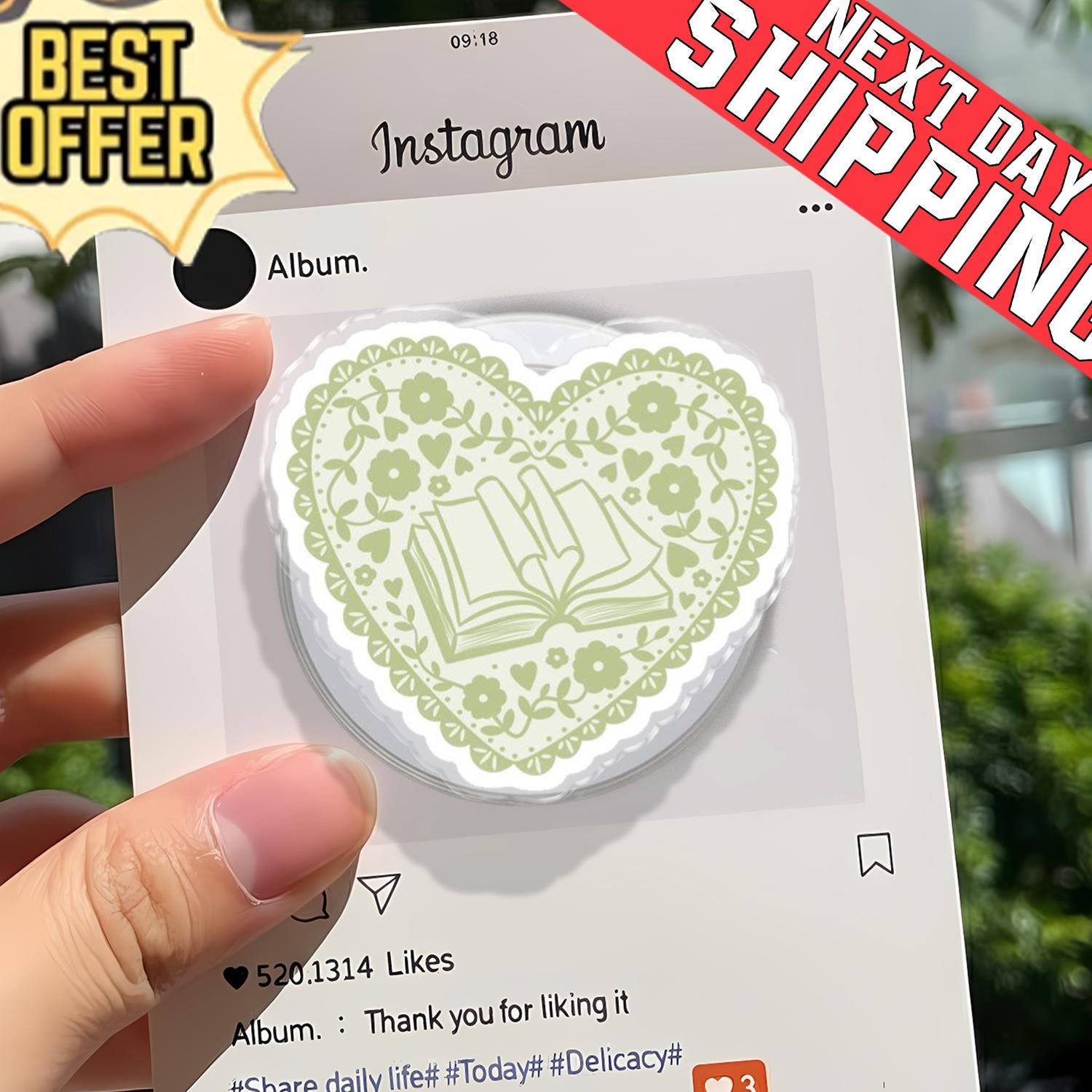 Sage Green Book Heart Phone Holder, Aesthetic Cottagecore Reader Grip, Cute Floral Book Lover Stand, Vintage Library Gift, Kindle Socket