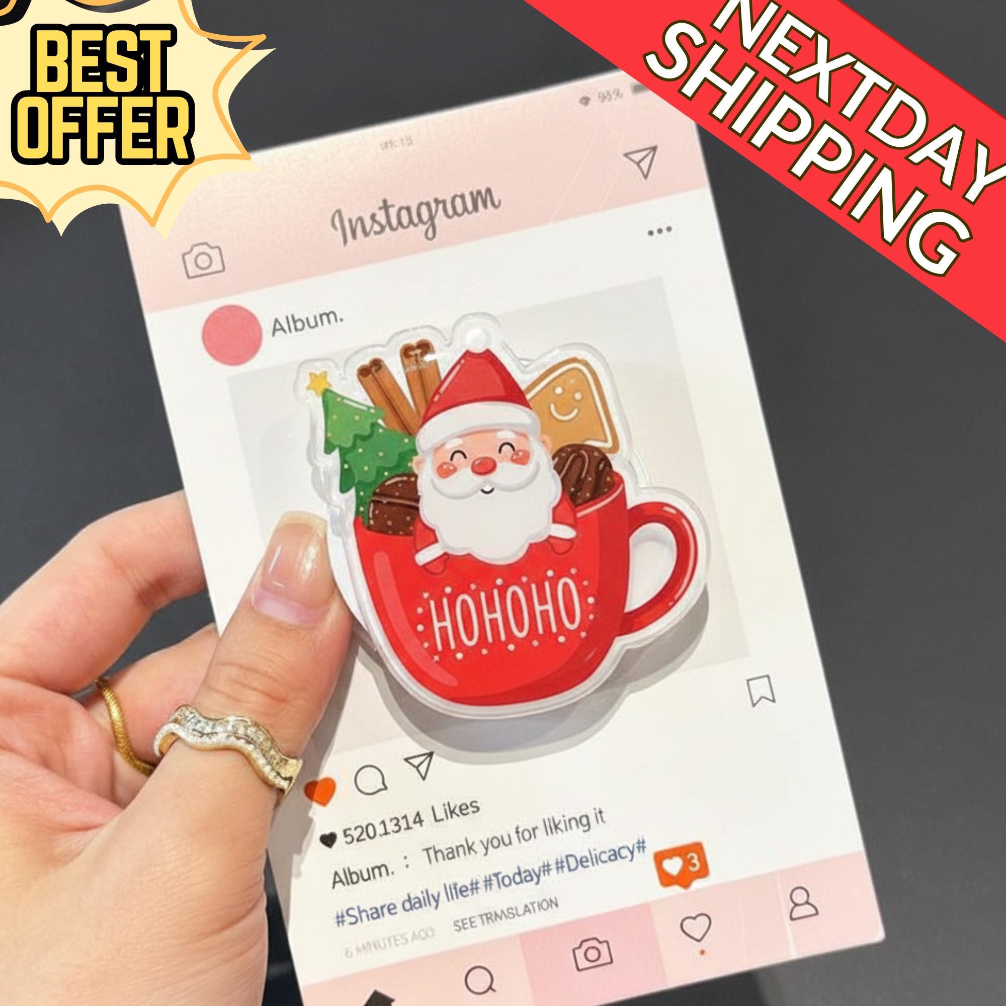 Santa Hot Cocoa Magnetic Phone Grip: Cute Christmas Mug Magsafe Phone Stand, Festive Holiday Phone Holder, Cozy Gift for Xmas Lovers