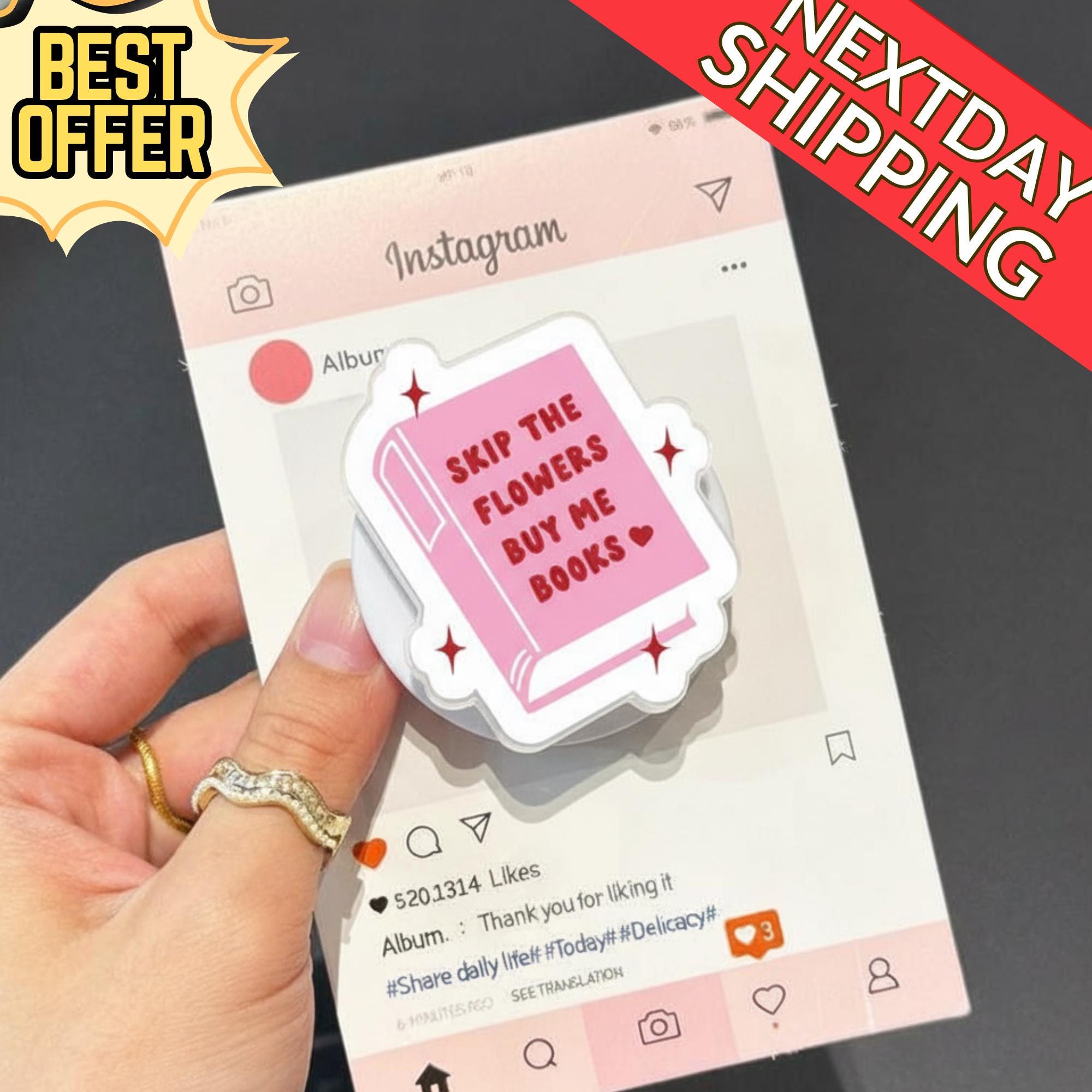 Skip the Flowers Buy Me Books Magsafe Phone Grip, Kawaii Bookish Magnetic Phone Stand, Cute Book Lover Phone Holder, Bookworm Gift Accessory